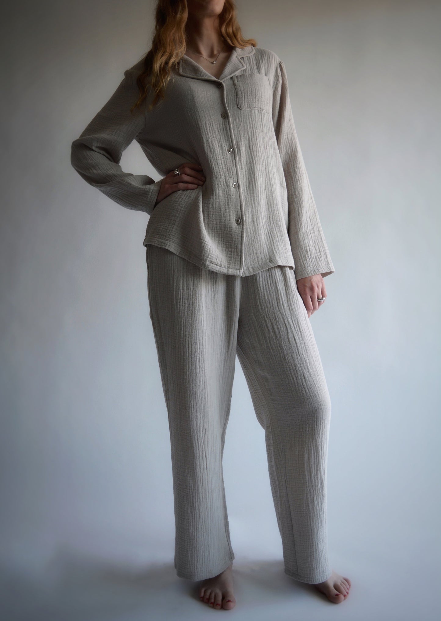 Cotton Muslin double gauze Sleepwear Set pajama set in beige color