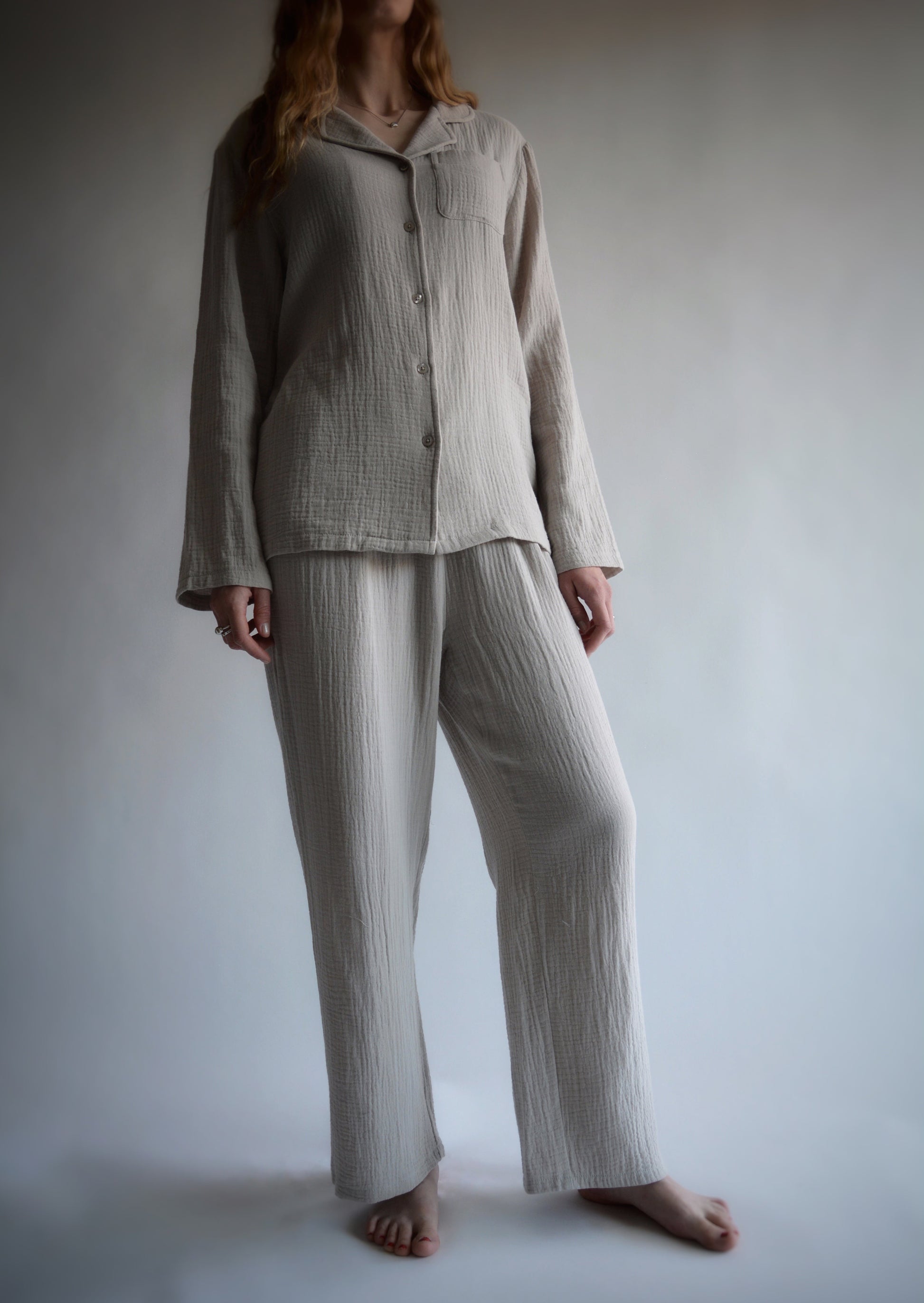 Cotton Muslin double gauze Sleepwear Set pajama set in beige color