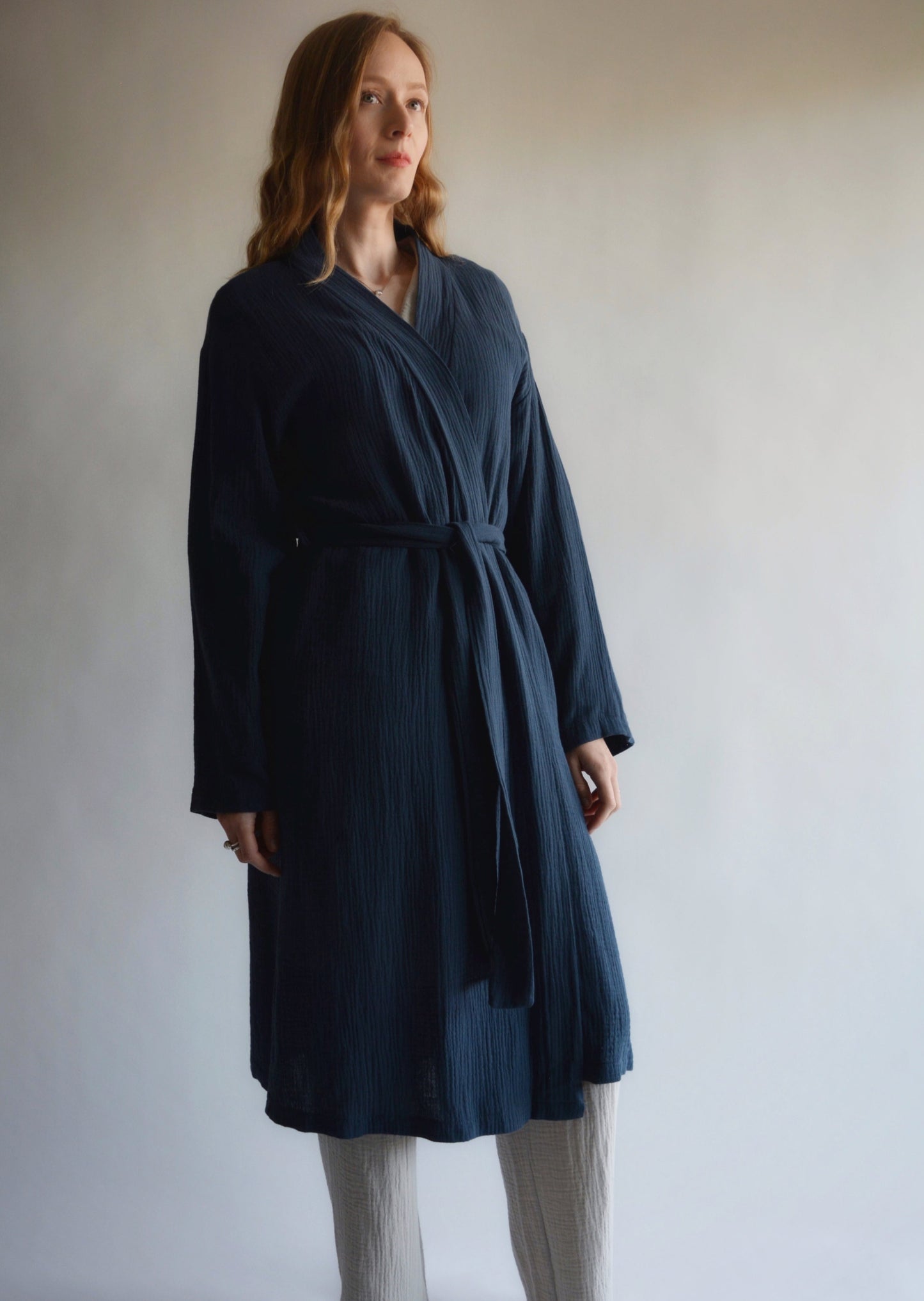 Cotton Muslin Double gauze Robe in Deep Blue color