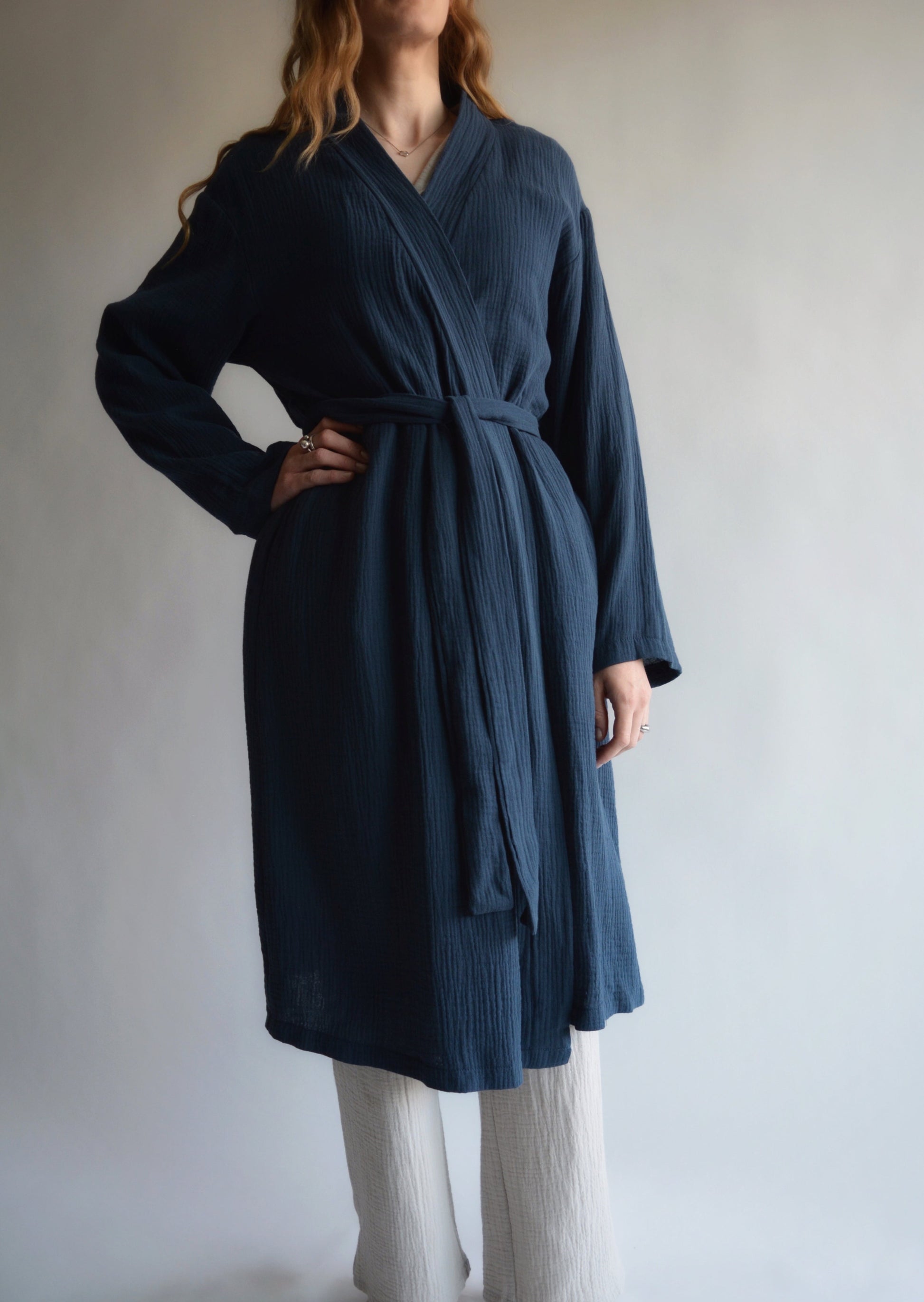 Cotton Muslin Double gauze Robe in Deep Blue color