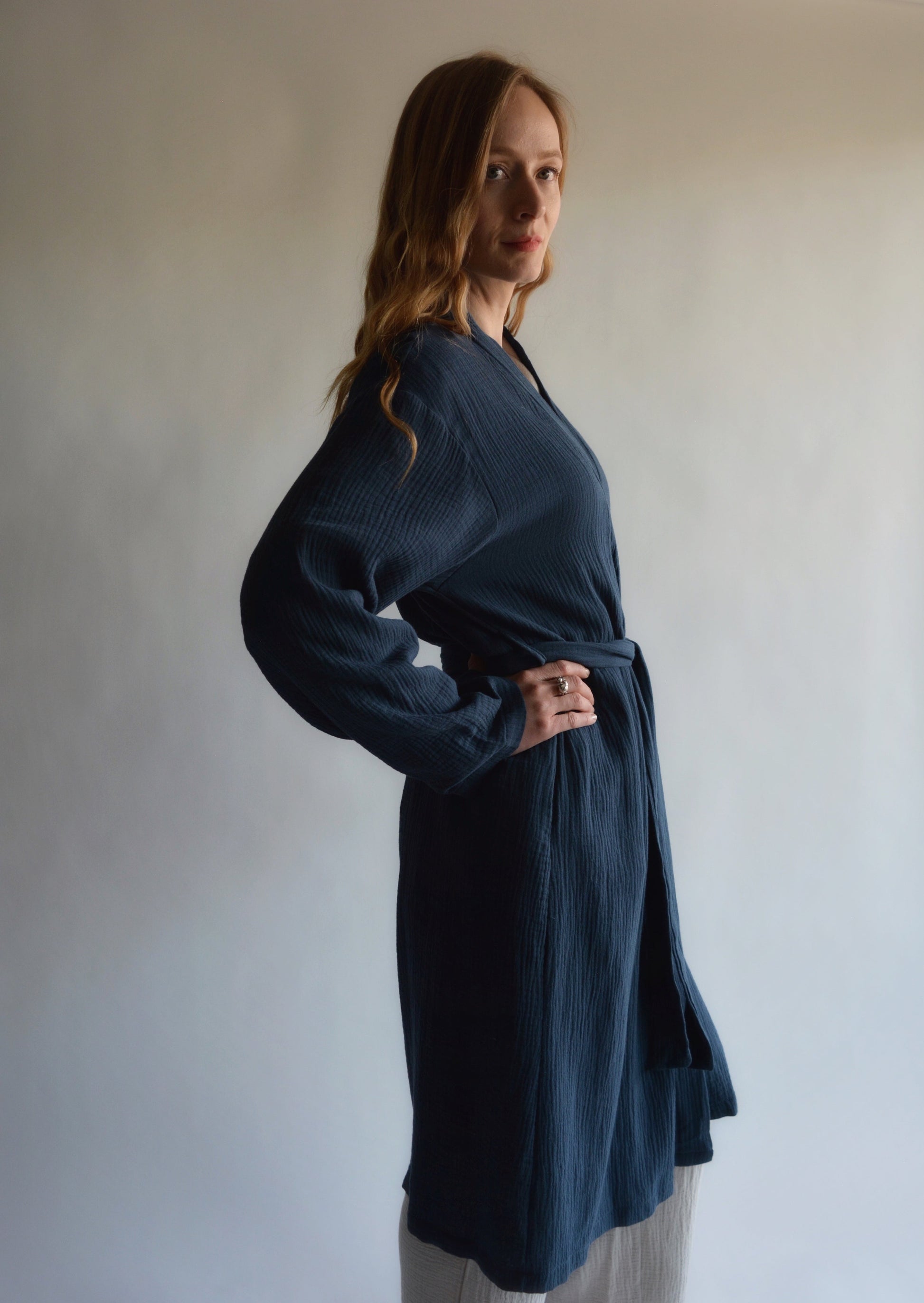 Cotton Muslin Double gauze Robe in Deep Blue color