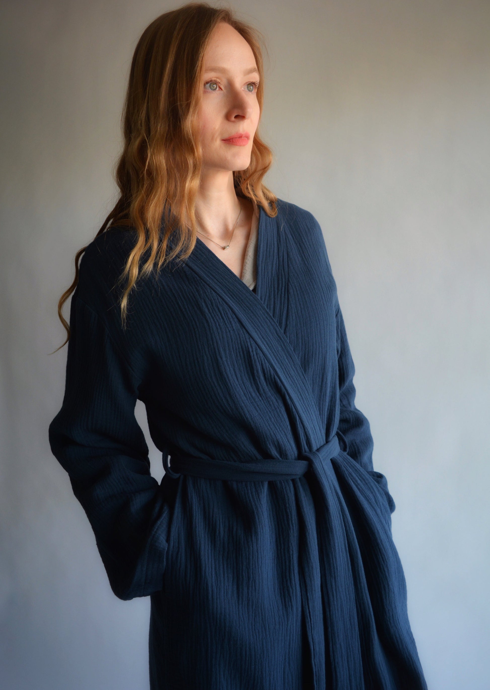 Cotton Muslin Double gauze Robe in Deep Blue color