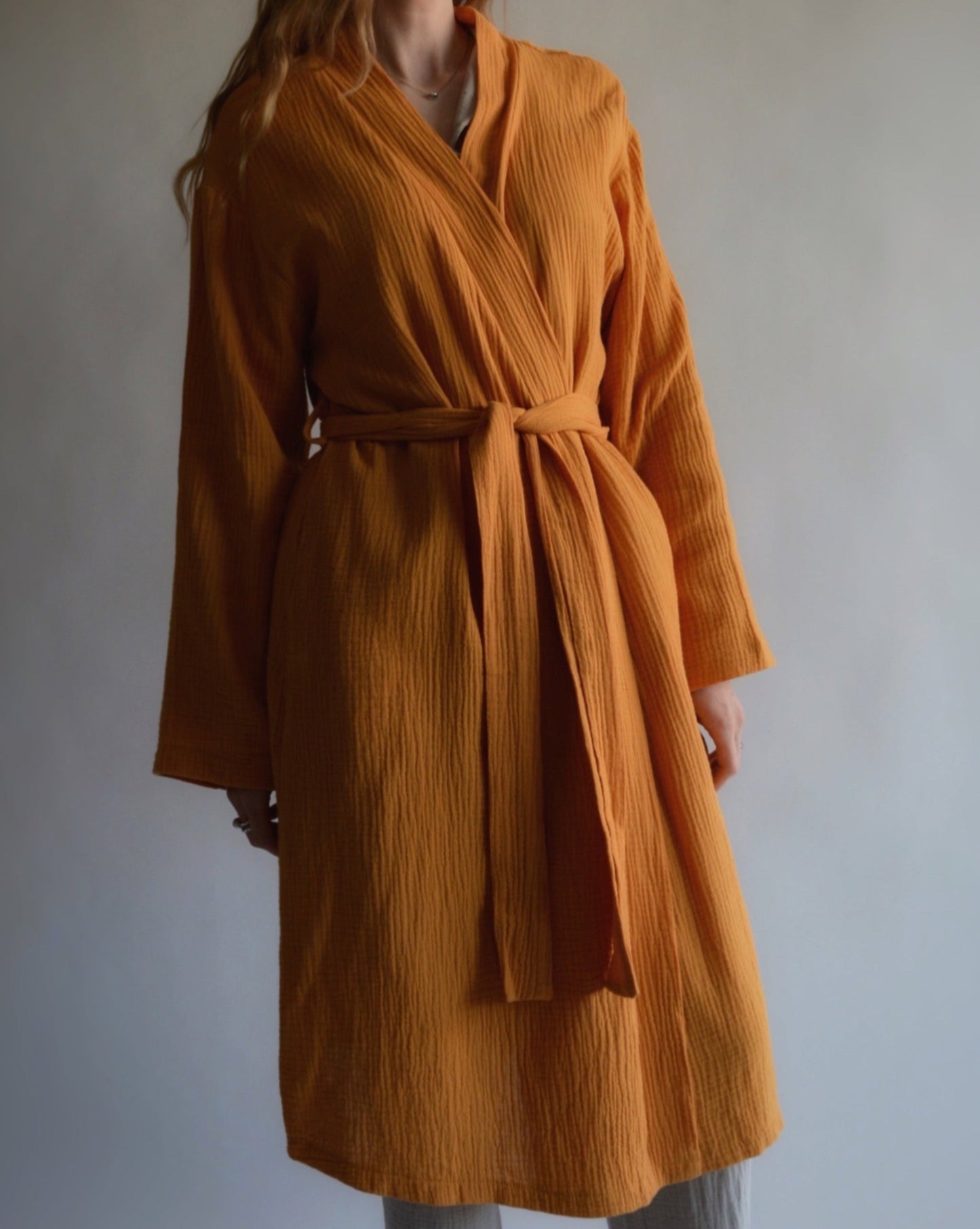 Cotton Muslin Double gauze Robe in Sunrise Glow (orange) color"