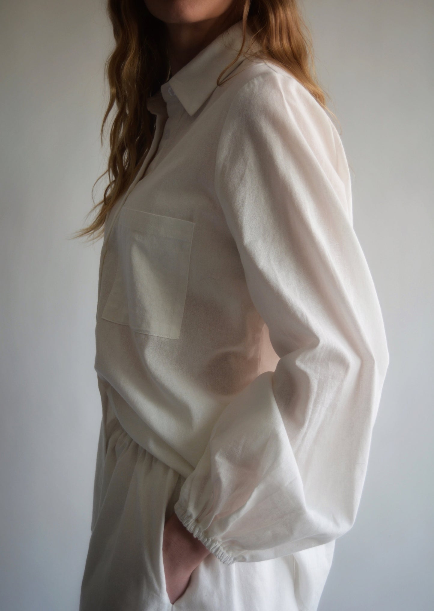 Two Piece Set - Cotton Blouse and Shorts in White color