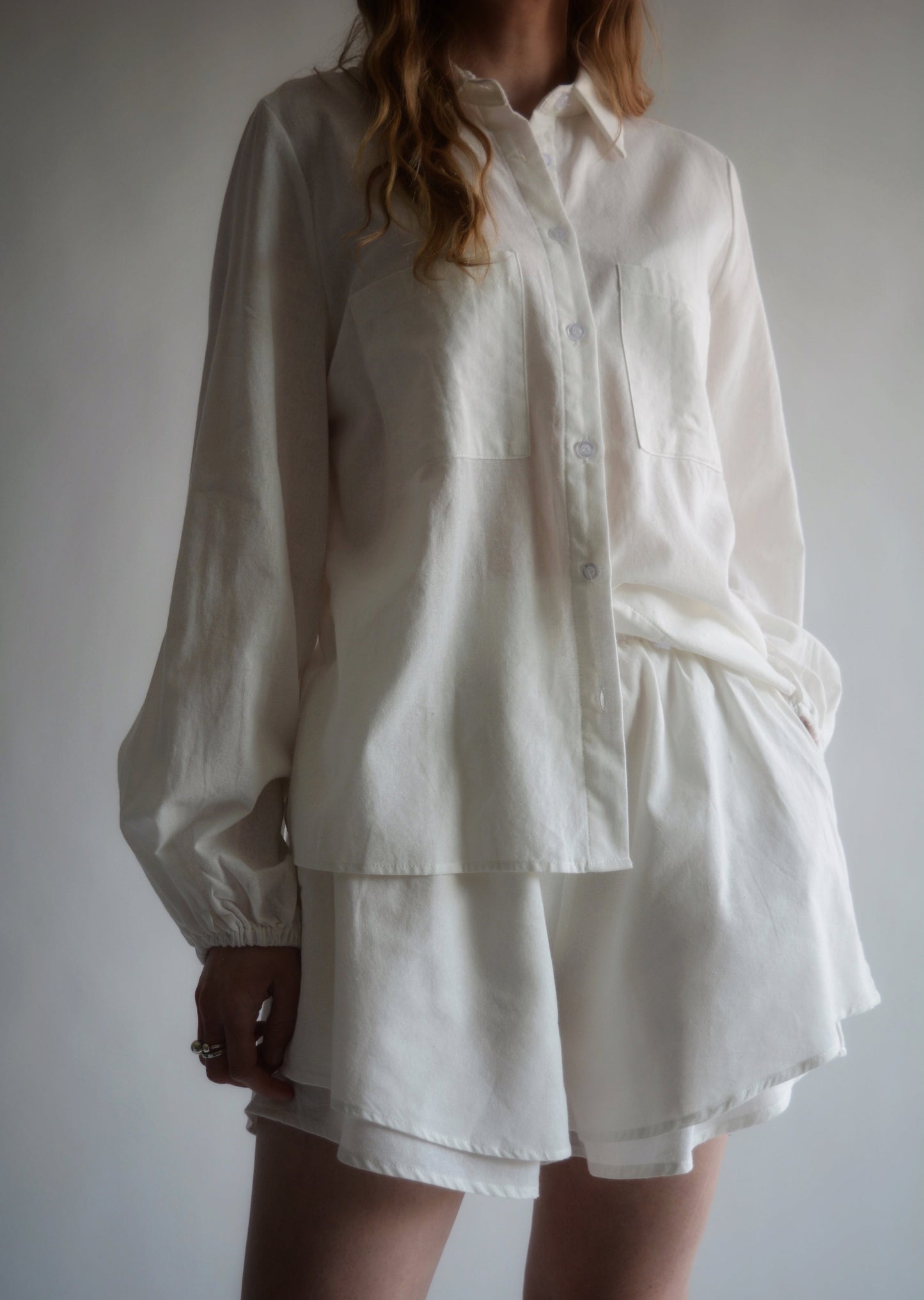Two Piece Set - Cotton Blouse and Shorts in White color
