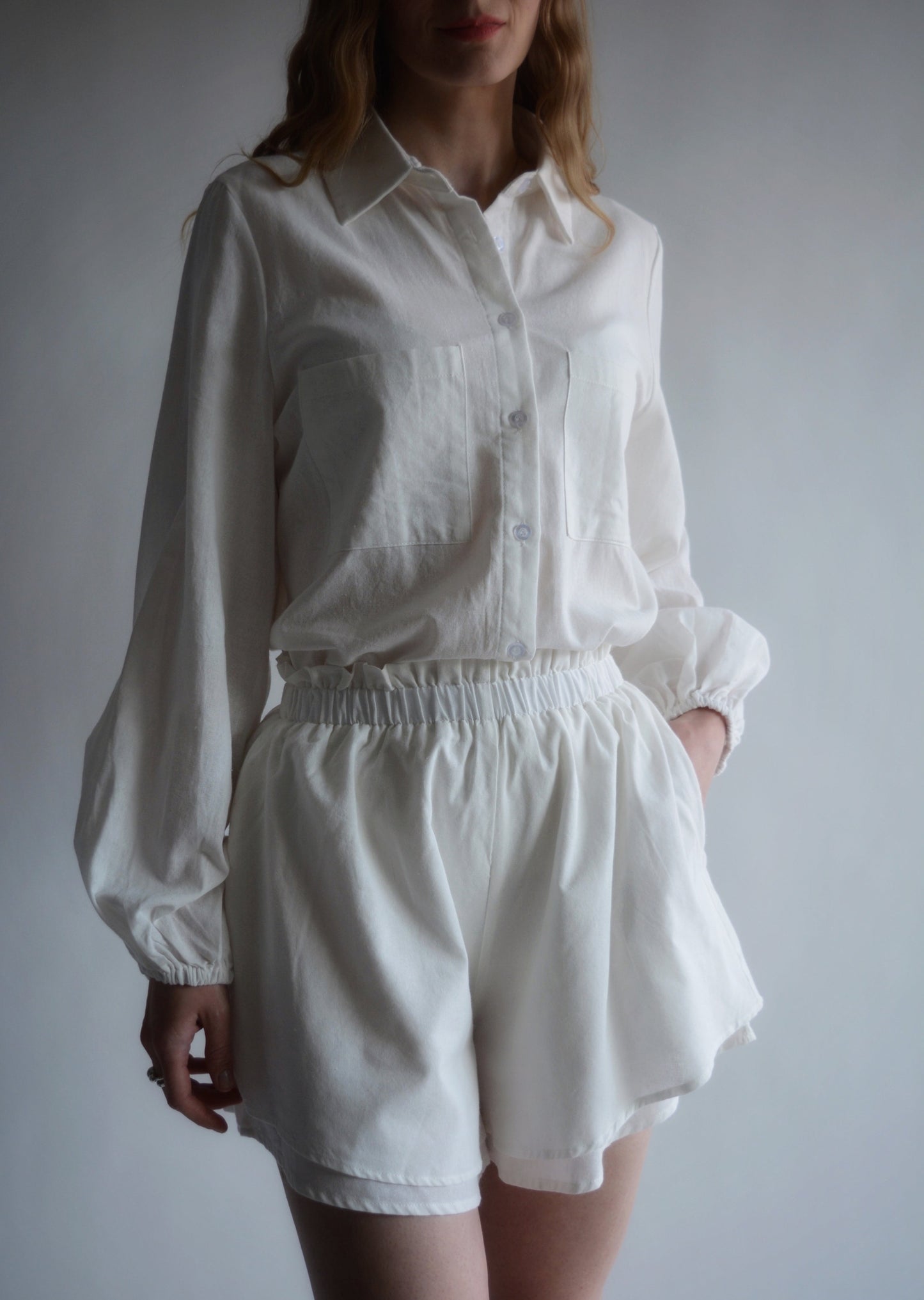 Two Piece Set - Cotton Blouse and Shorts in White color