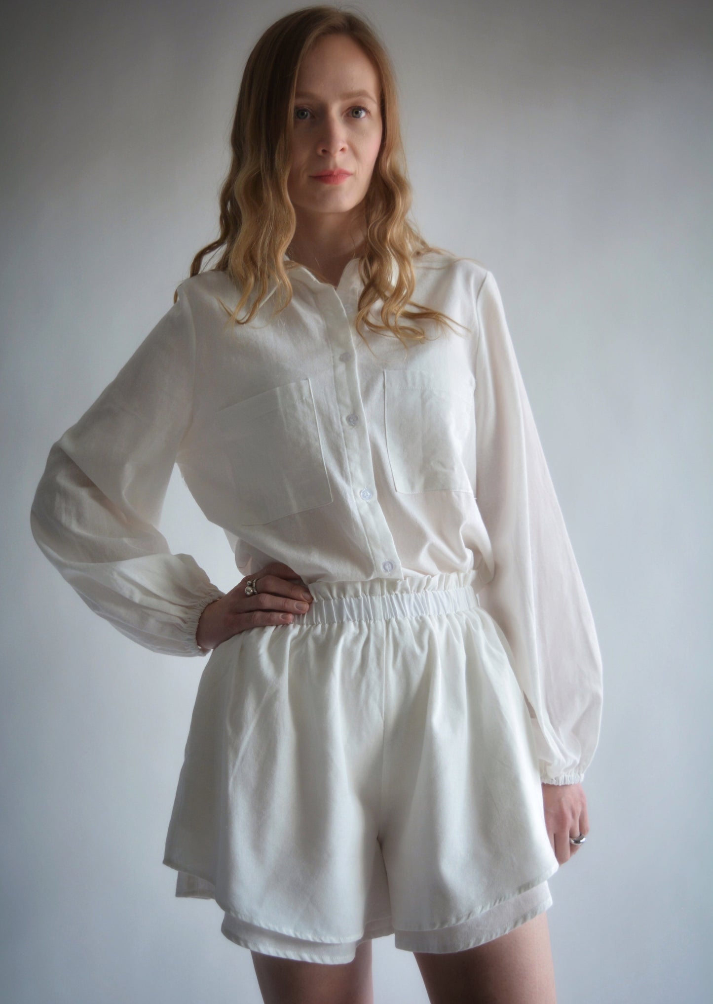 Two Piece Set - Cotton Blouse and Shorts in White color
