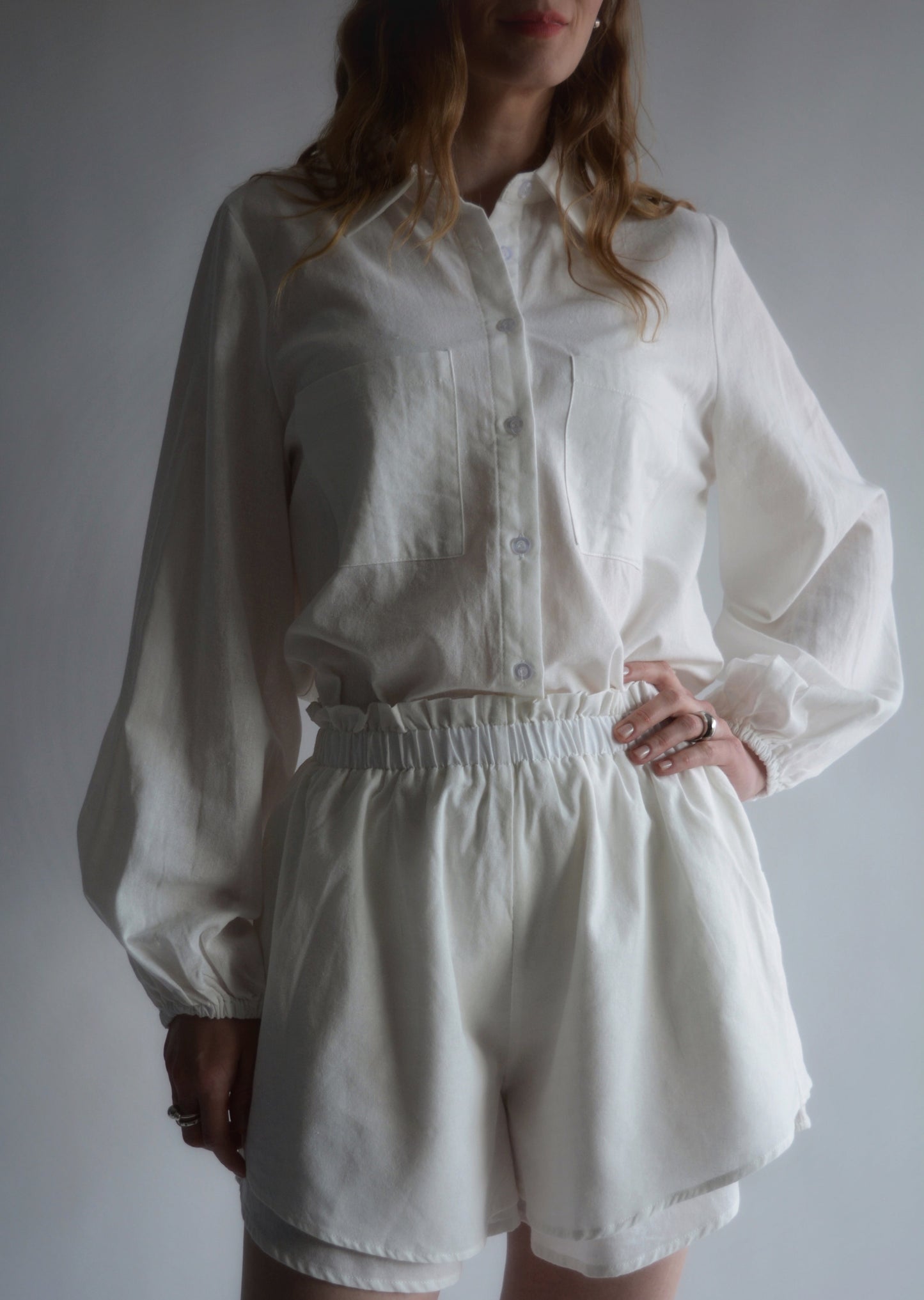 Two Piece Set - Cotton Blouse and Shorts in White color
