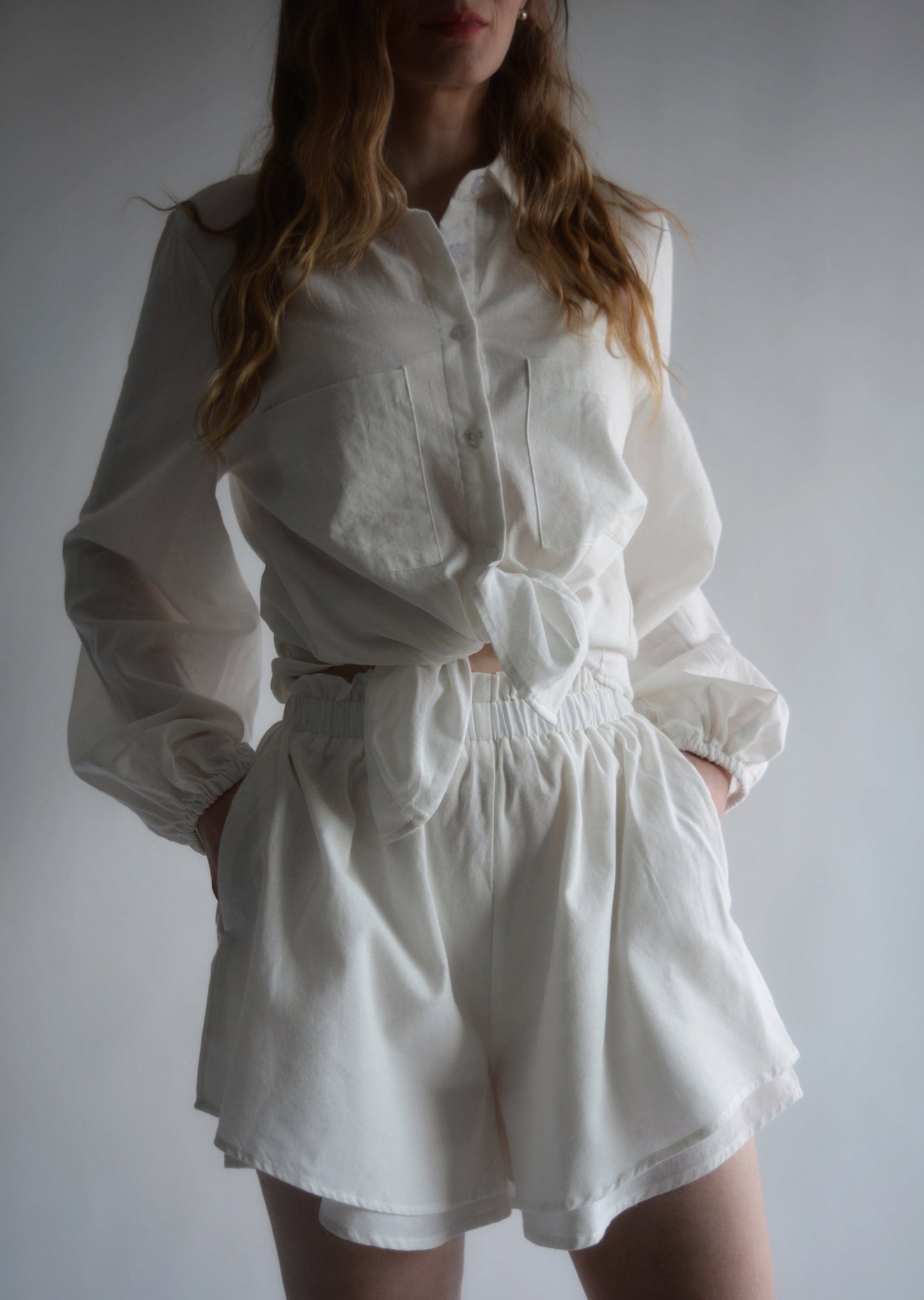 Two Piece Set - Cotton Blouse and Shorts in White color