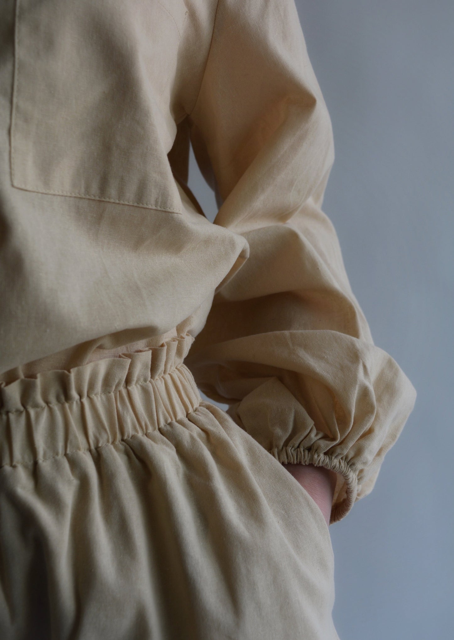 Two Piece Set - Cotton Blouse and Shorts in Beige color