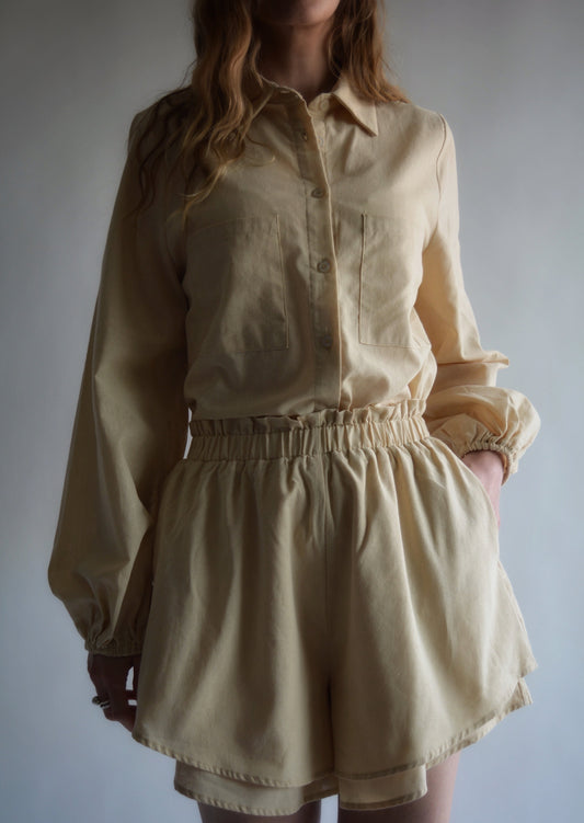Two Piece Set - Cotton Blouse and Shorts in Beige color
