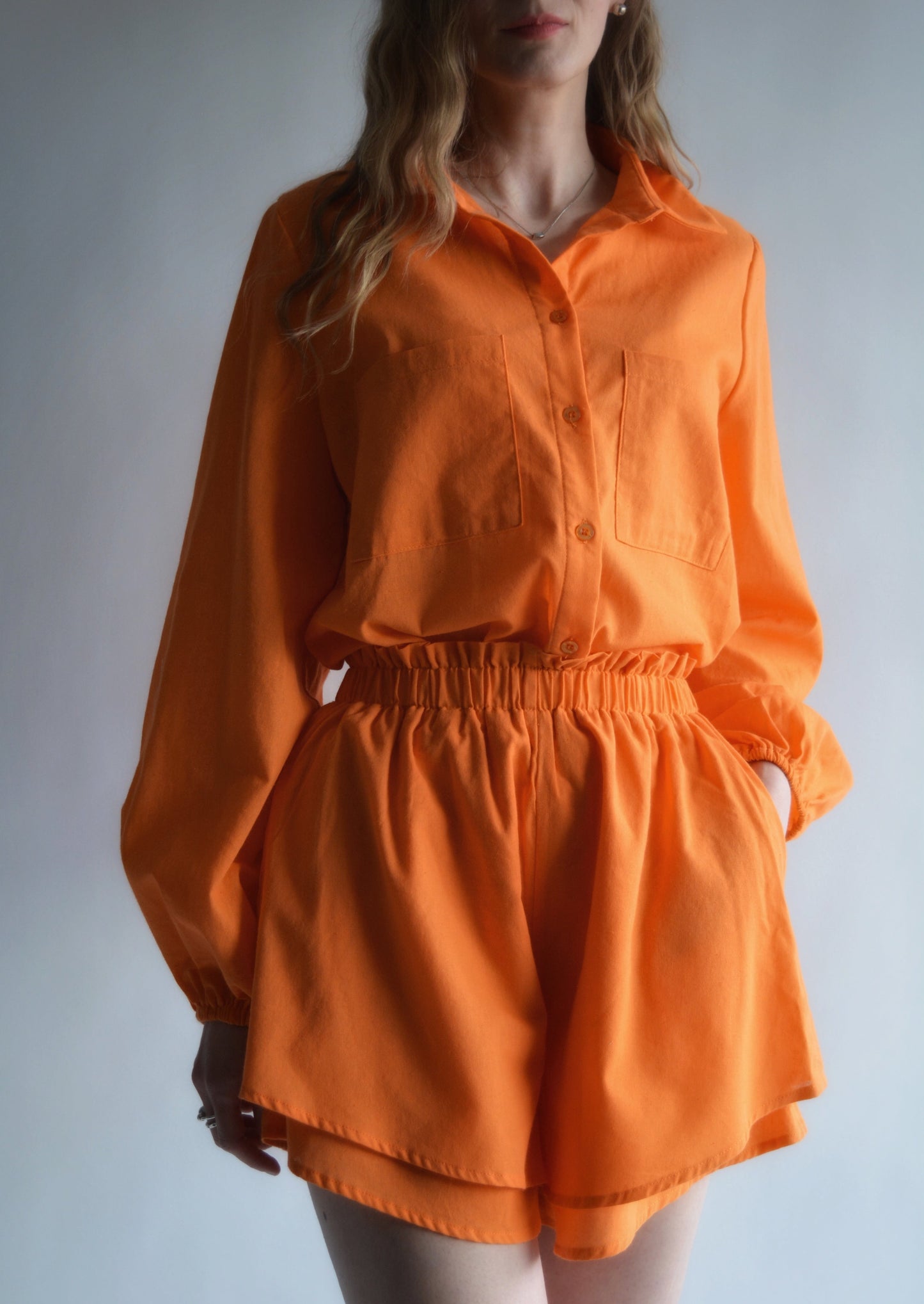 Two Piece Set - Cotton Blouse and Shorts in Tangerine color
