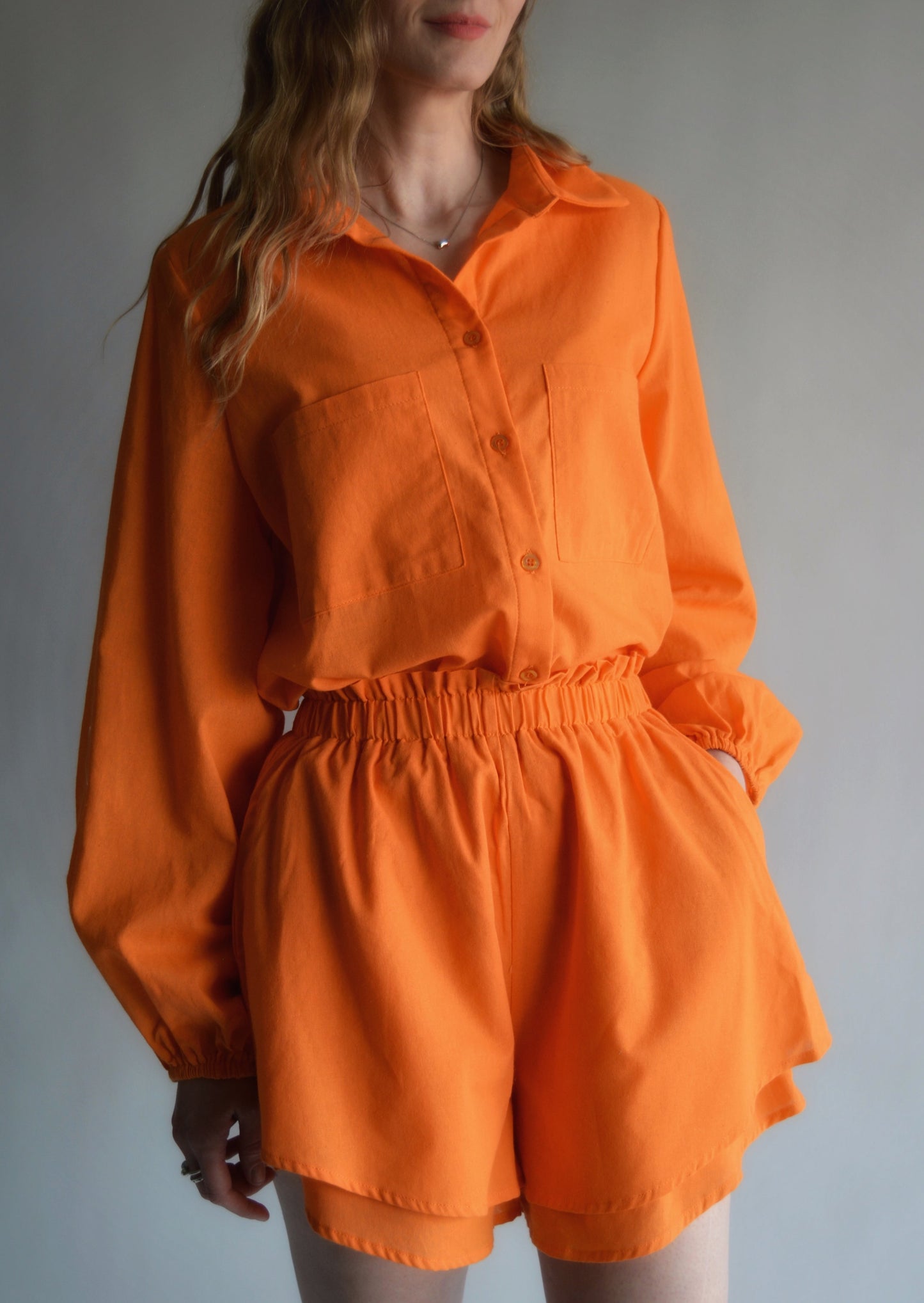 Two Piece Set - Cotton Blouse and Shorts in Tangerine color