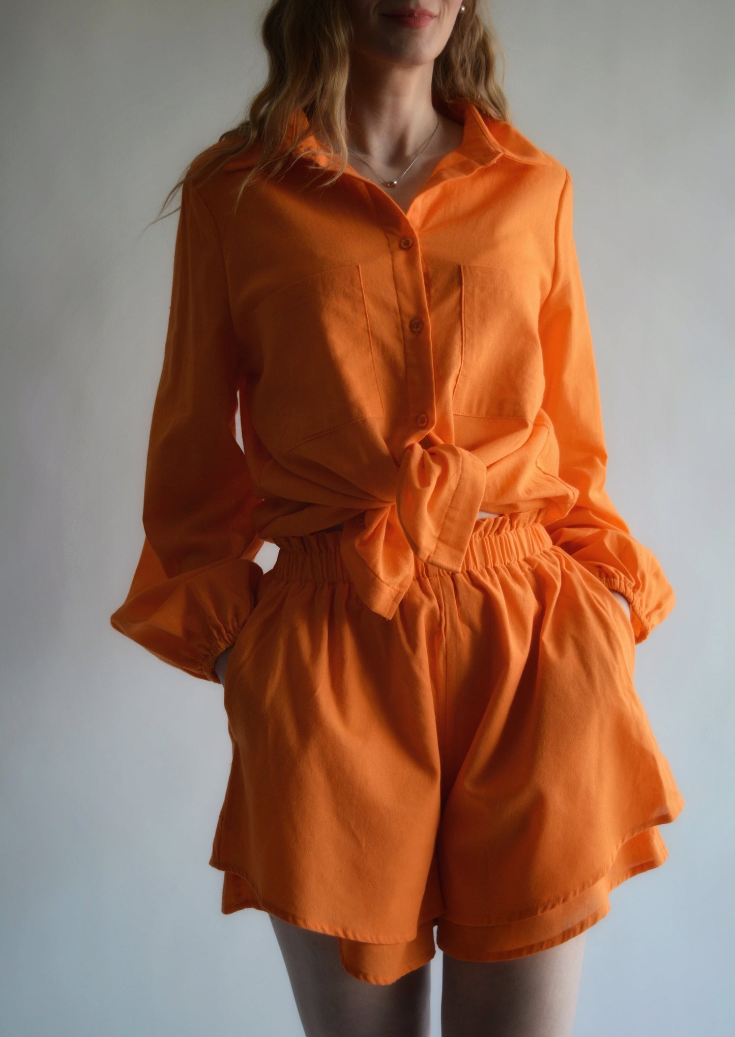 Two Piece Set - Cotton Blouse and Shorts in Tangerine color