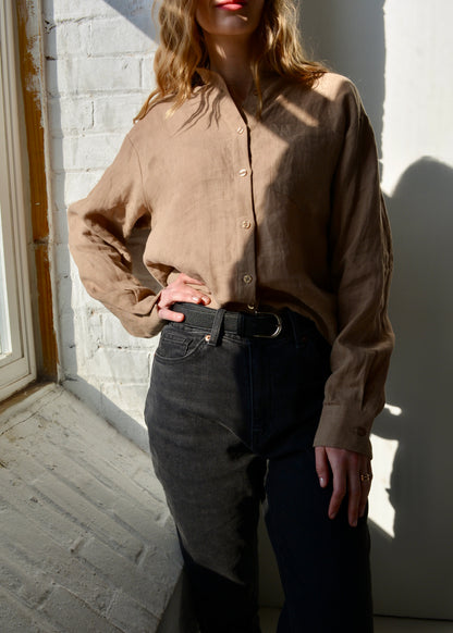 Linen Long Sleeve Shirt in Bronzed Brown color