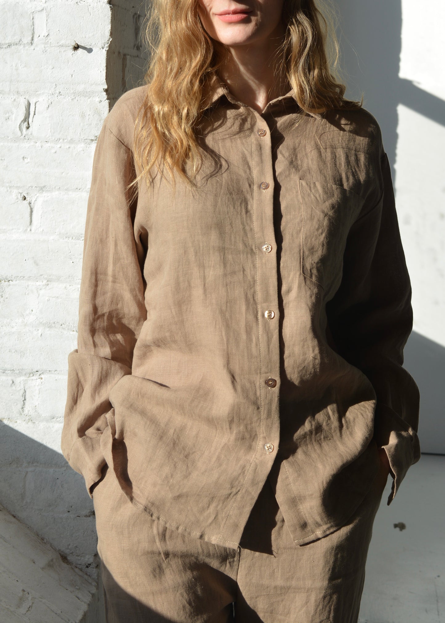 Linen Long Sleeve Shirt in Bronzed Brown color