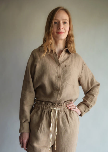 Linen Long Sleeve Shirt in Bronzed Brown color