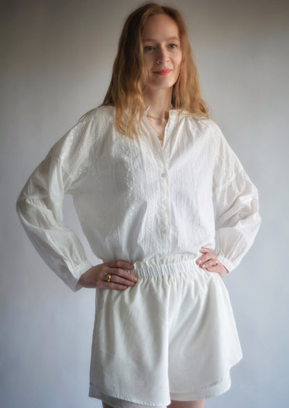 Embroidered Cotton Oversize Blouse in Pearl (White) color