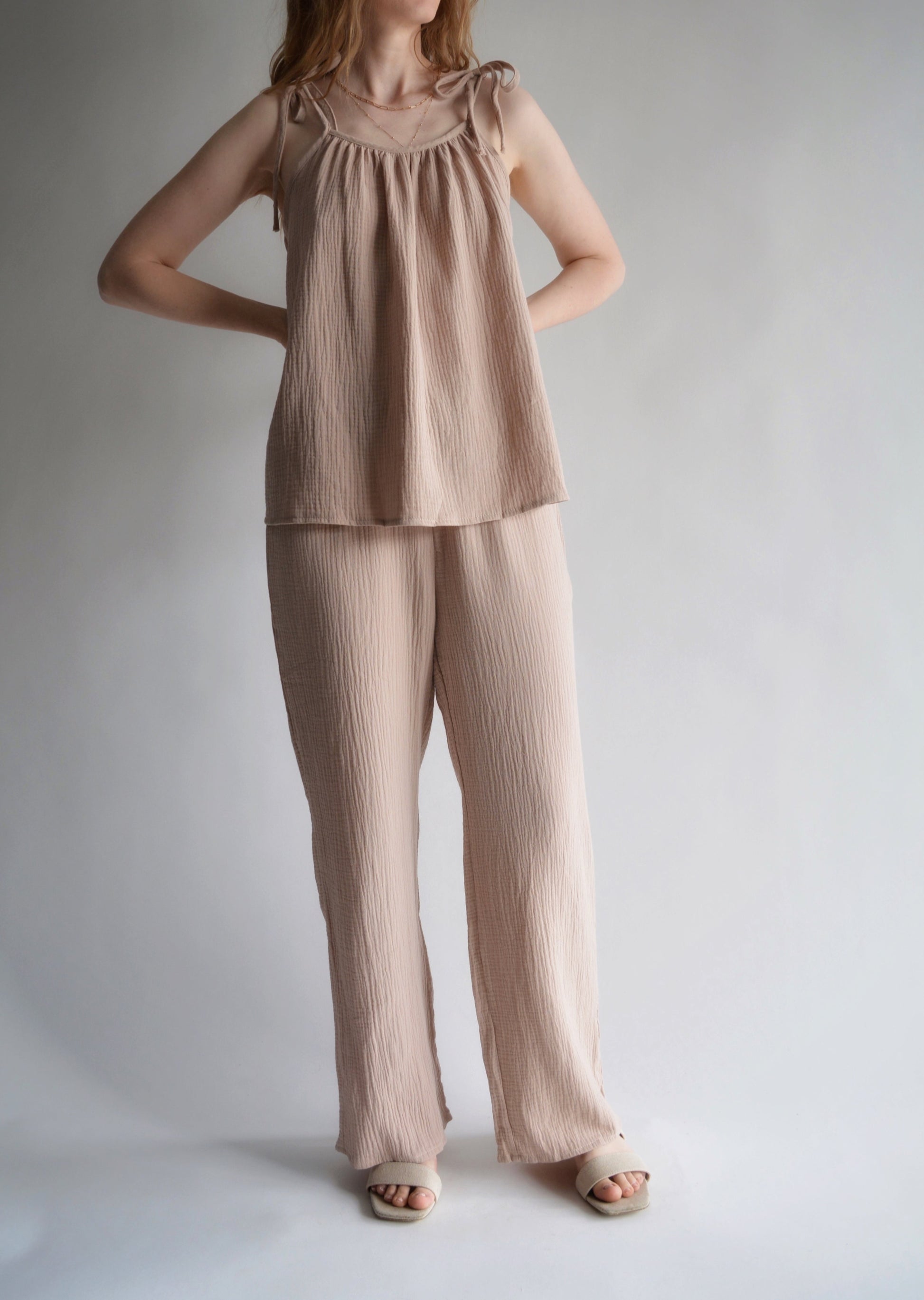 Muslin Two-Piece Set: Cotton Tank and Pants in Sandy Beige color