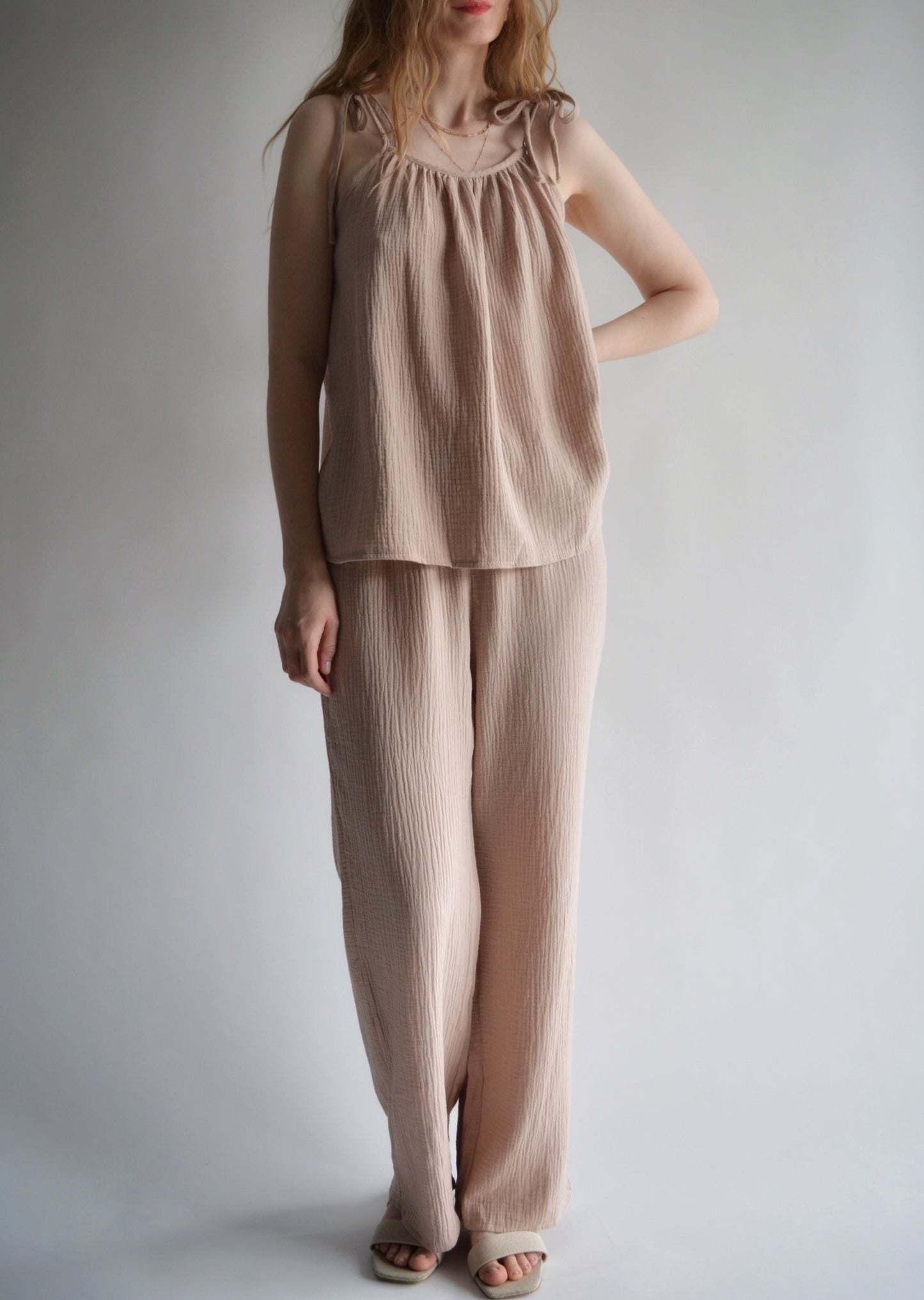 Muslin Two-Piece Set: Cotton Tank and Pants in Sandy Beige color