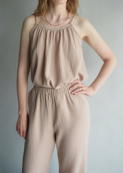 Muslin Two-Piece Set: Cotton Tank and Pants in Sandy Beige color