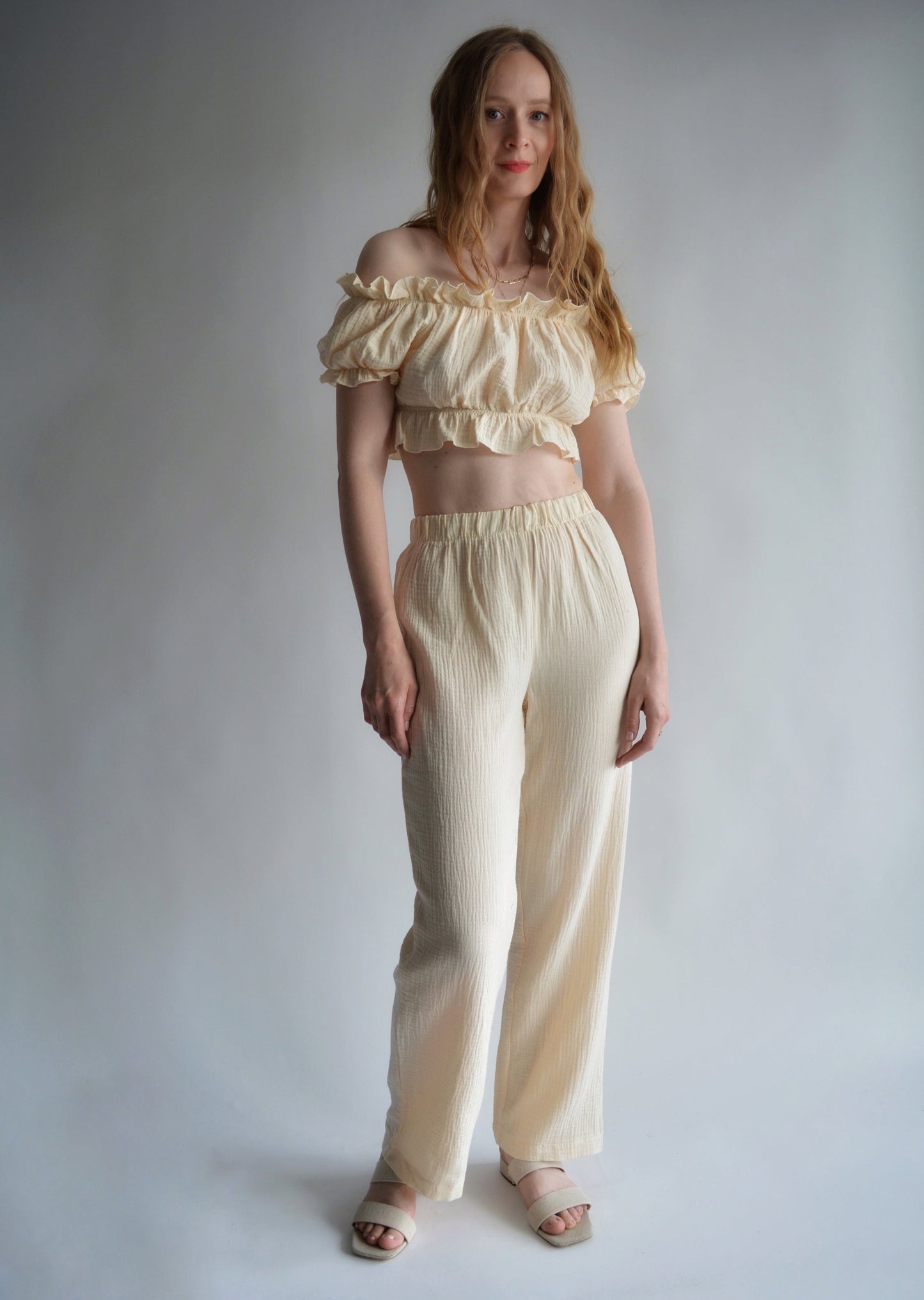 Cotton Muslin  Two-Piece Set: Crop Top and Pants in Ivory