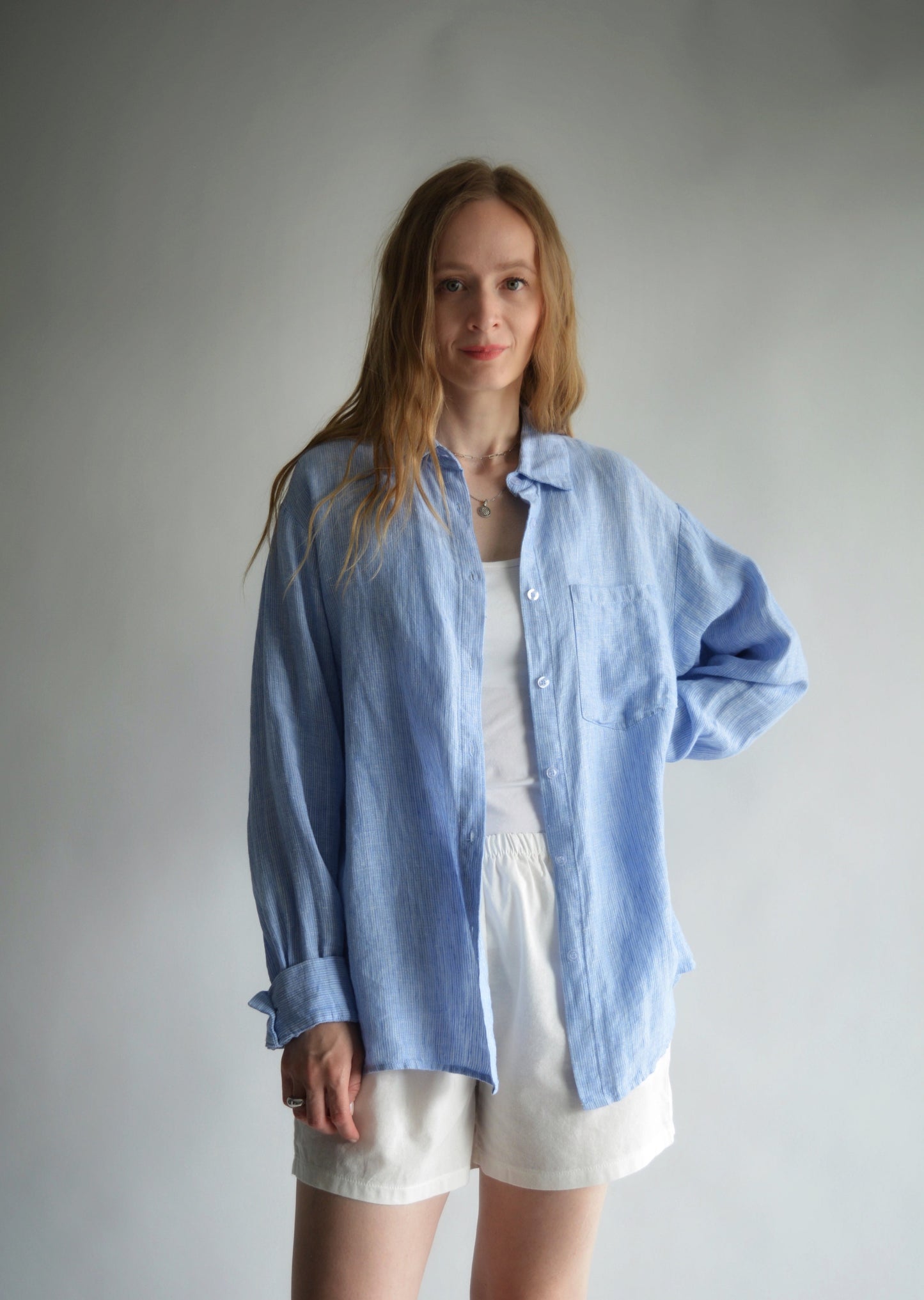 Linen Long Sleeve Shirt in Clear Sky (blue) color