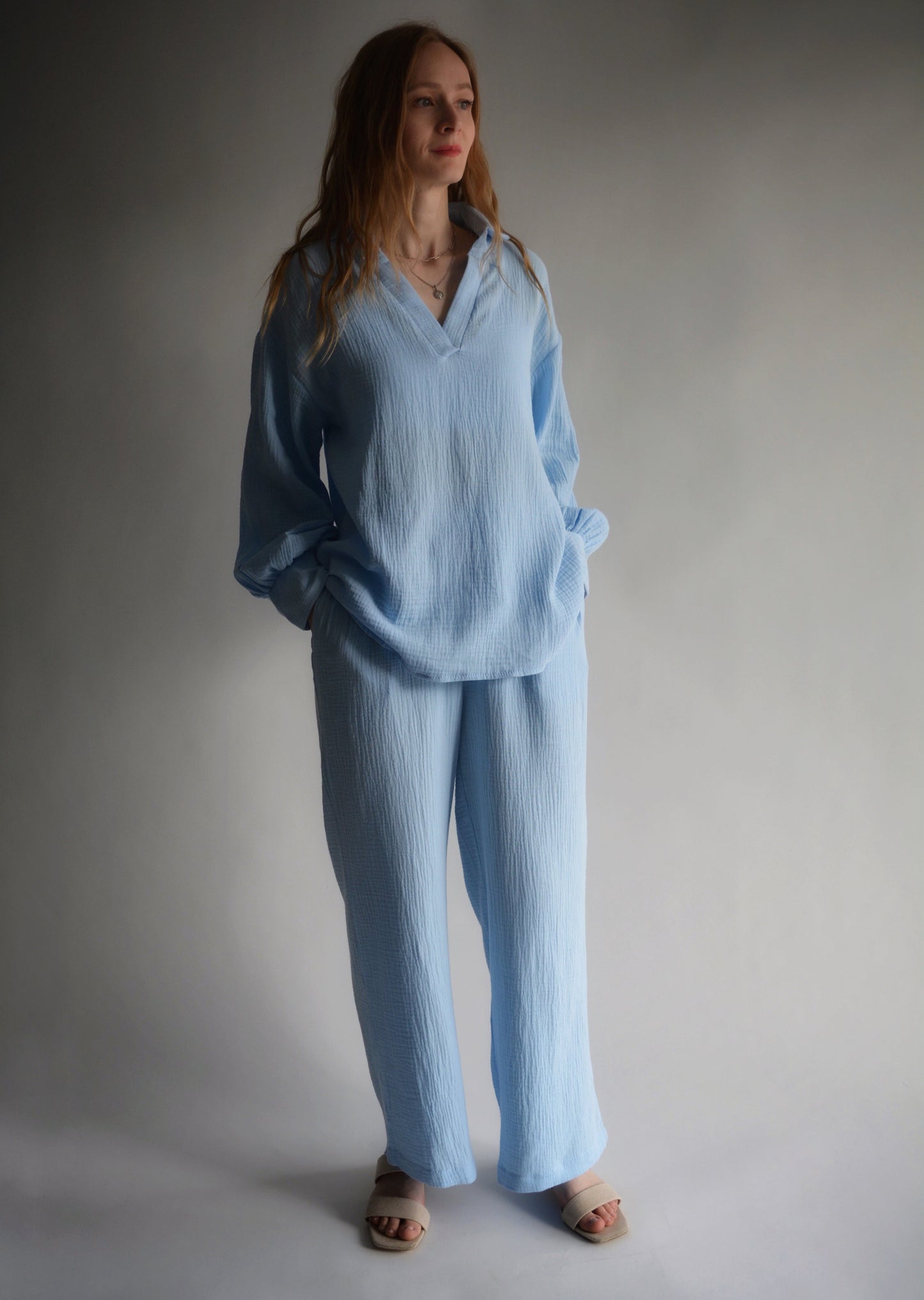 Cotton Muslin Two-Piece Set: Top and Pants in Light Blue
