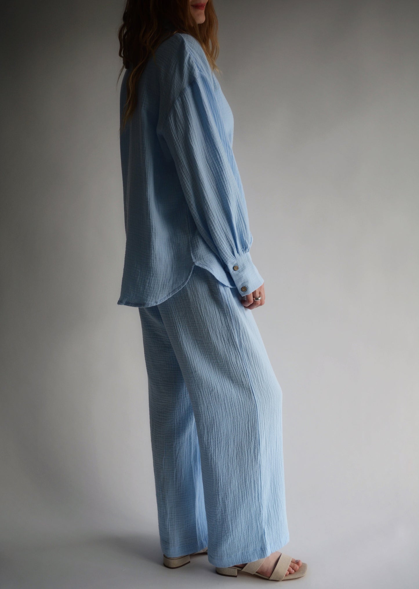 Muslin Two-Piece Set: Top and Pants in Light Blue