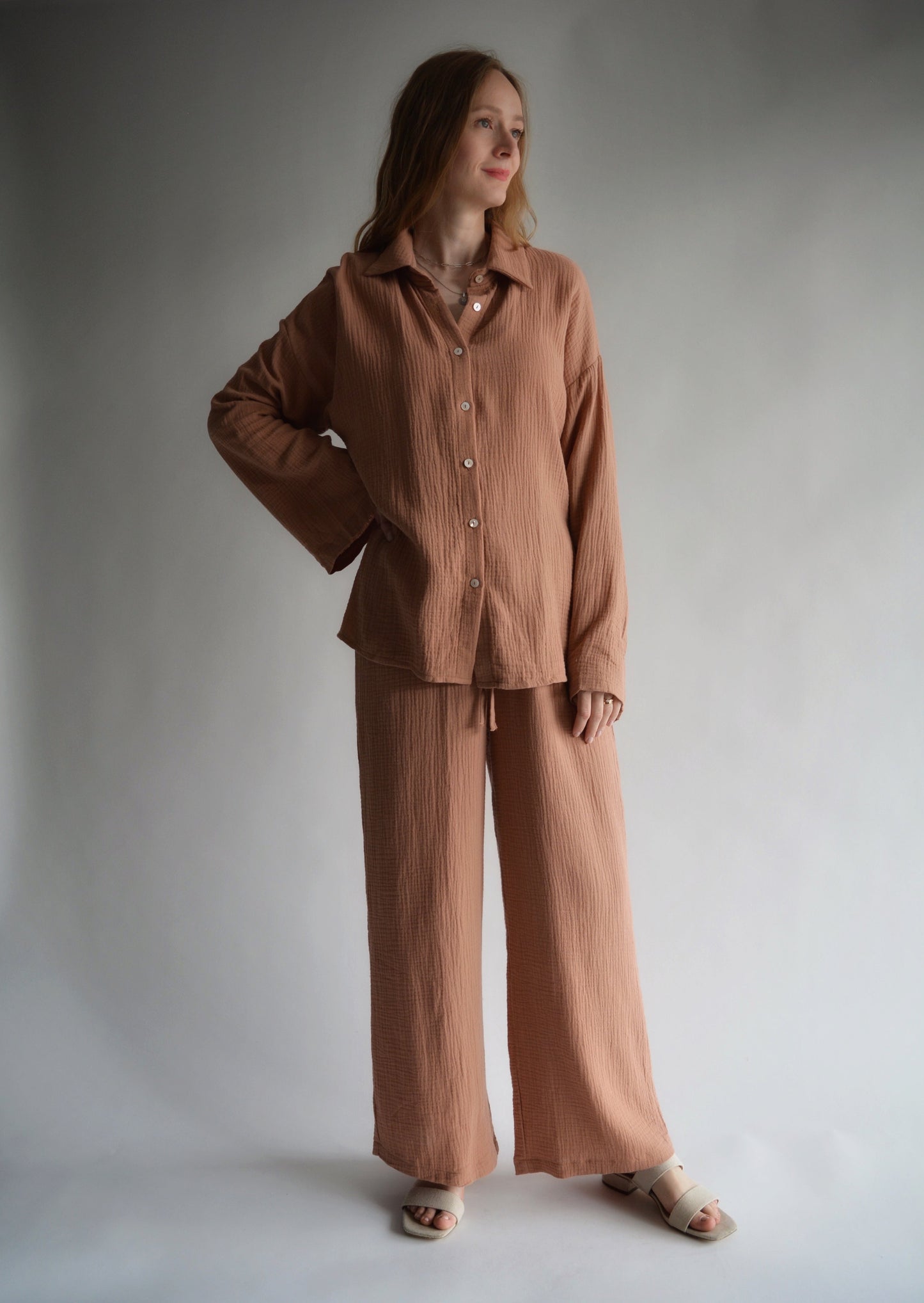 Cotton Muslin  Two-Piece Set: Shirt and Pants in Blush Brown color