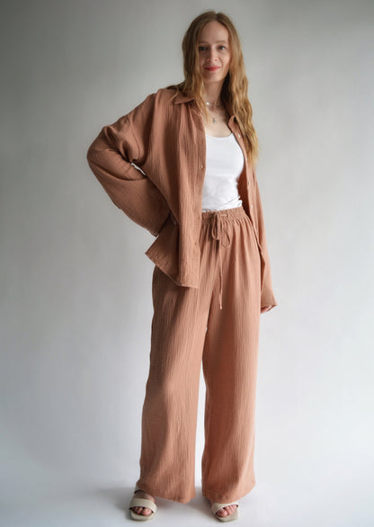 Cotton Muslin  Two-Piece Set: Shirt and Pants in Blush Brown color