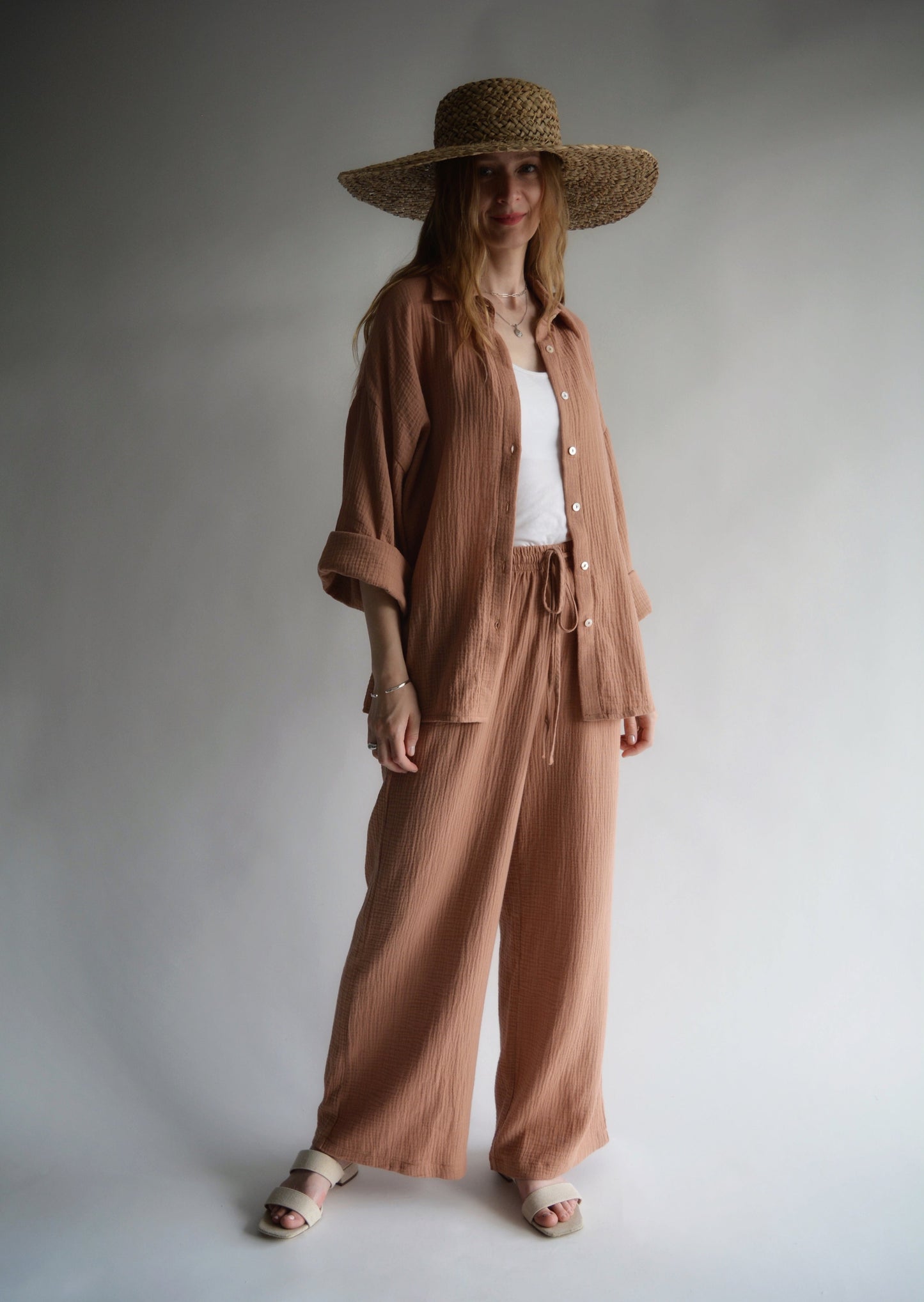 Cotton Muslin  Two-Piece Set: Shirt and Pants in Blush Brown color