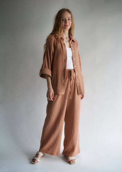 Cotton Muslin Two-Piece Set: Shirt and Pants in Blush Brown color