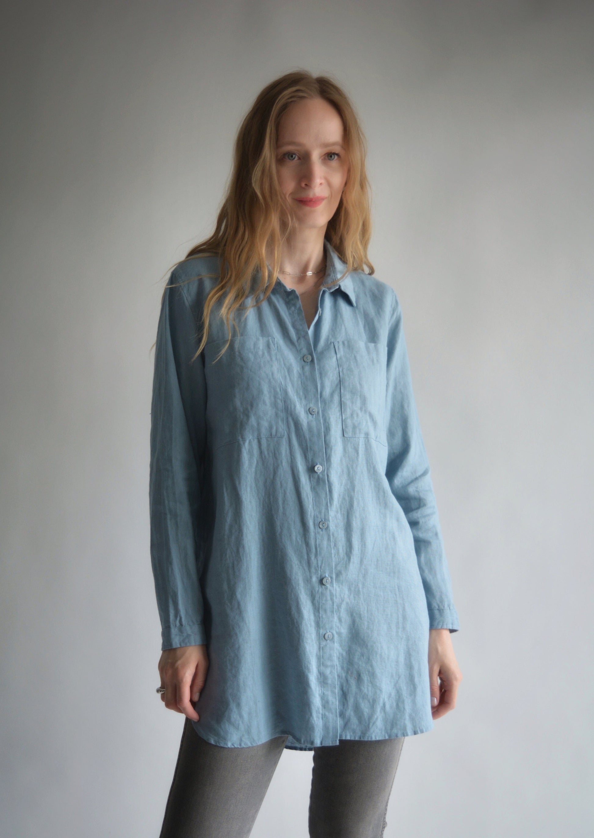 Linen Long Sleeve Shirt in Stone Blue color