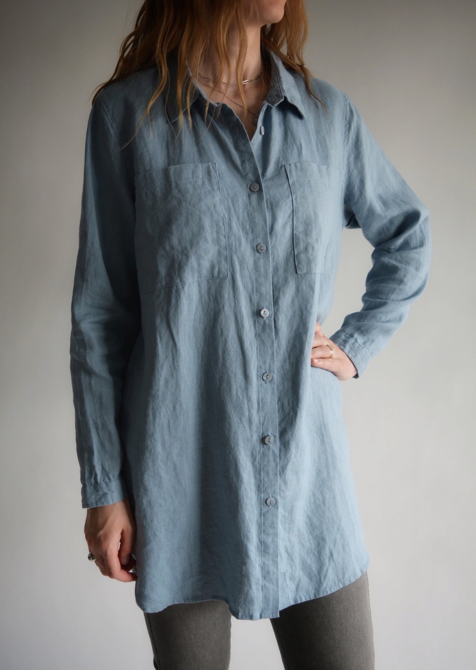 European Linen Long Sleeve Shirt in Stone Blue color Large European Linen Long Sleeve Shirt in Stone Blue color Large