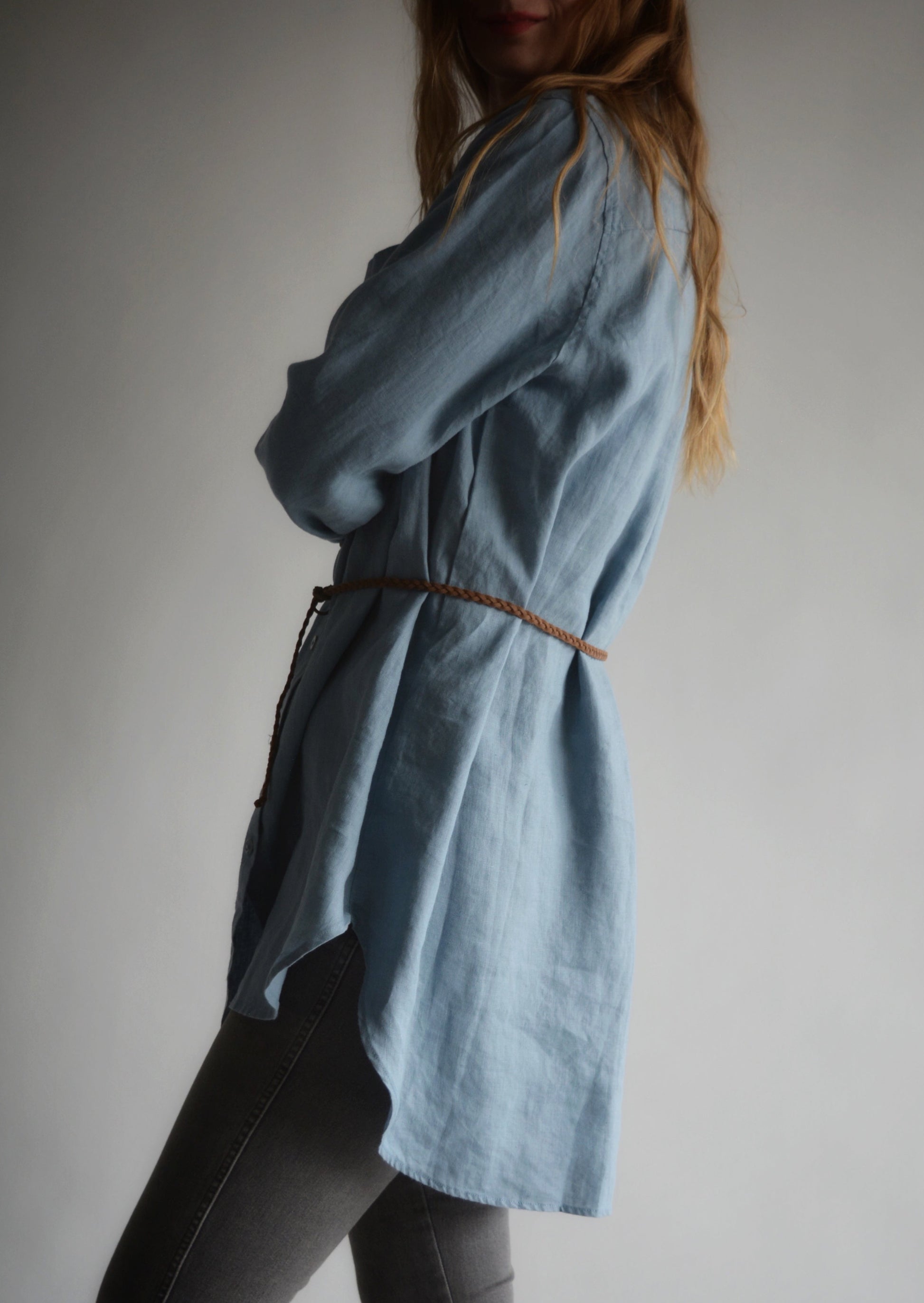 Linen Long Sleeve Shirt in Stone Blue color