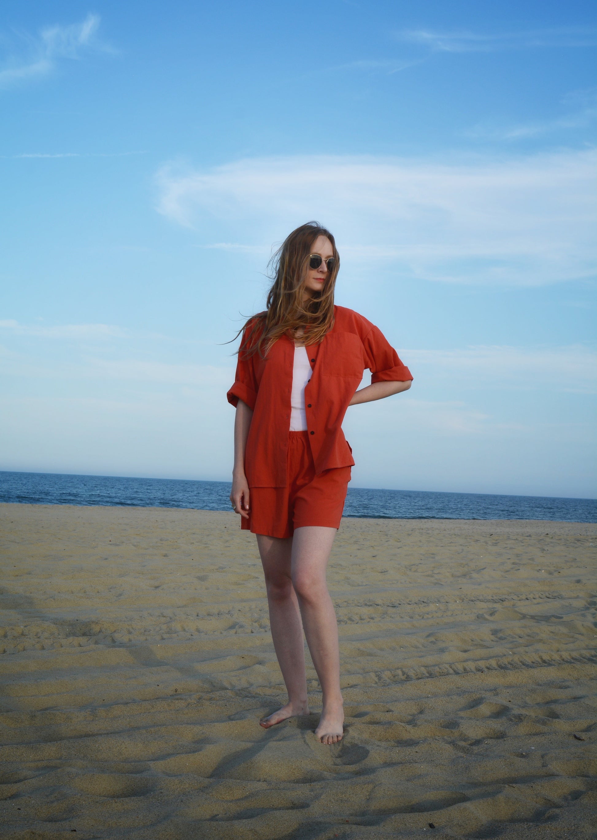 Two Piece Set - Cotton Shirt and Shorts in Cali Sunset color