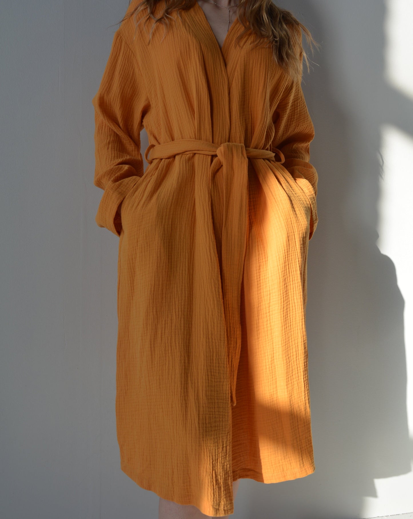 Cotton Muslin Double gauze Robe in Sunrise Glow (orange) color"