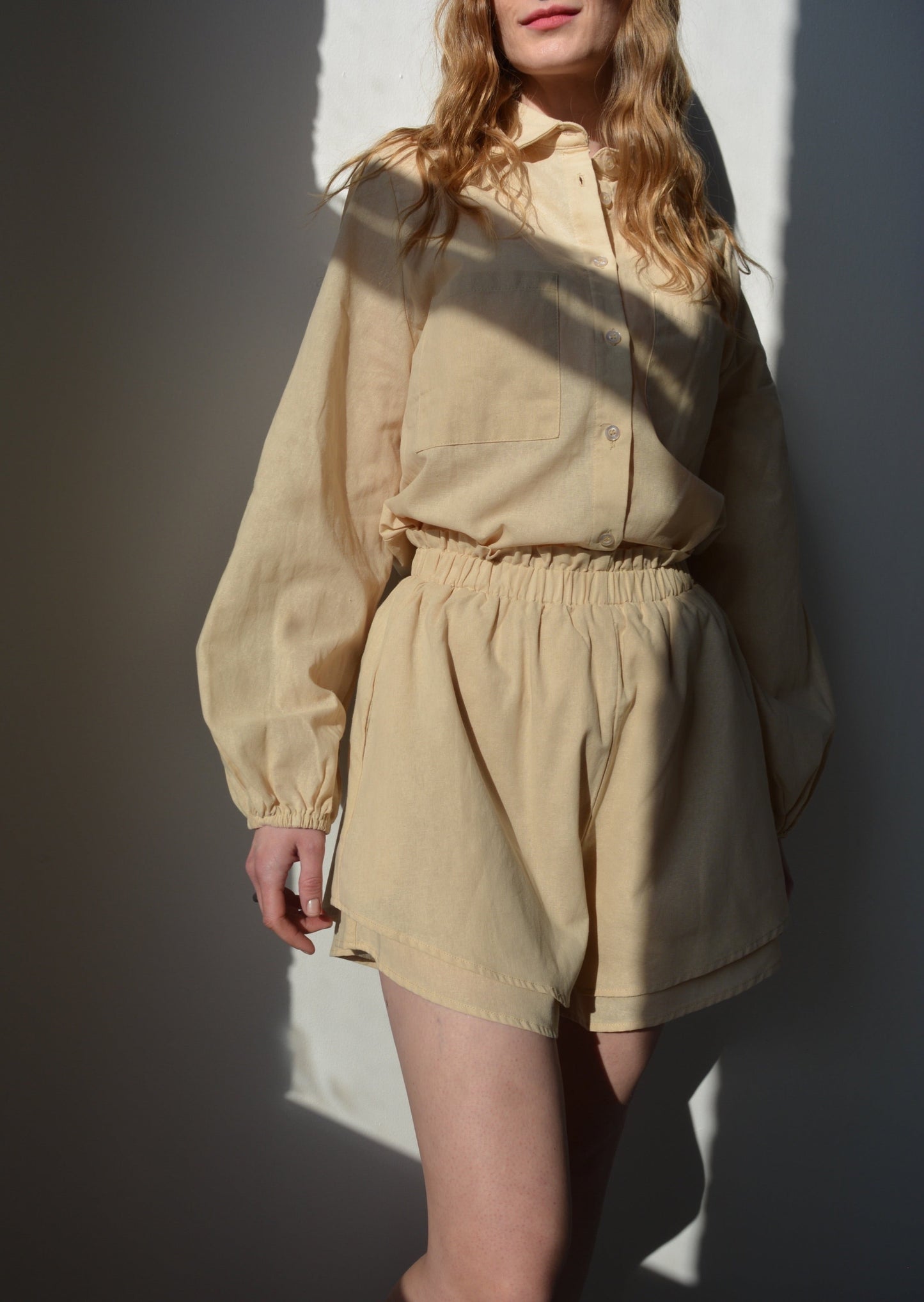 Two Piece Set - Cotton Blouse and Shorts in Beige color