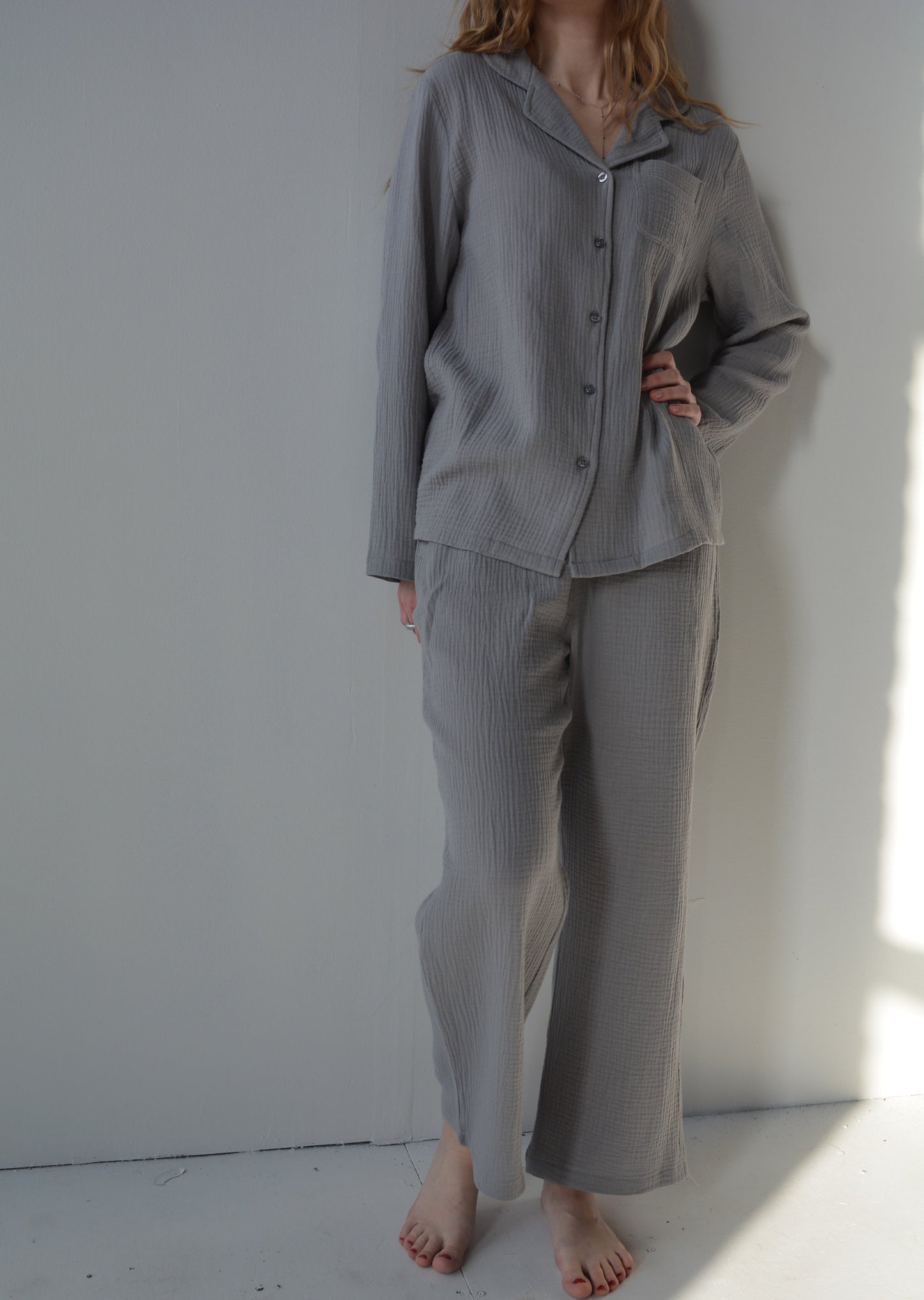 Cotton Muslin double gauze Sleepwear Set pajama set in grey color