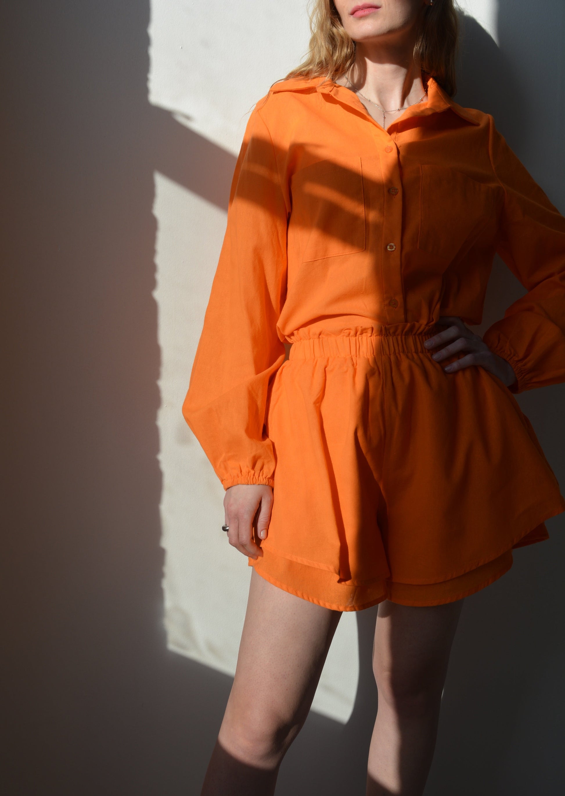 Two Piece Set - Cotton Blouse and Shorts in Tangerine color