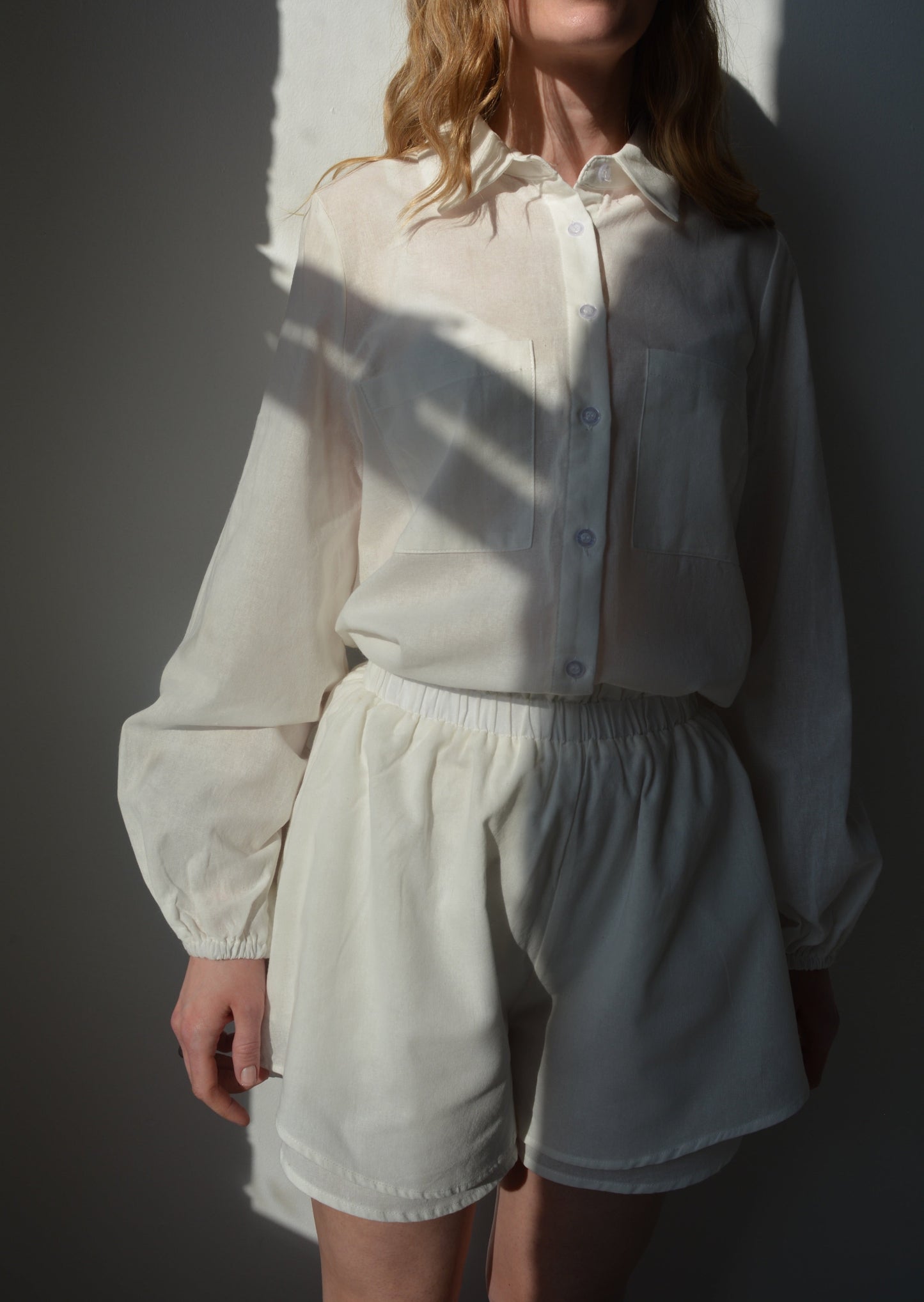 Two Piece Set - Cotton Blouse and Shorts in White color
