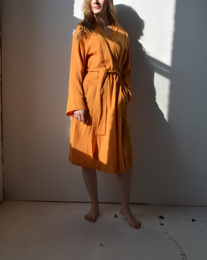 Cotton Muslin Double gauze Robe in Sunrise Glow (orange) color"
