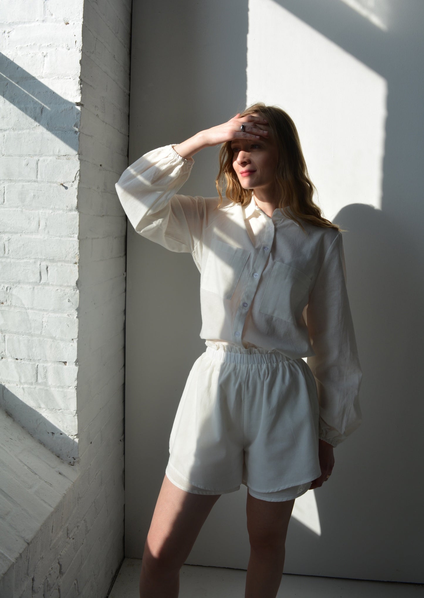 Two Piece Set - Cotton Blouse and Shorts in White color