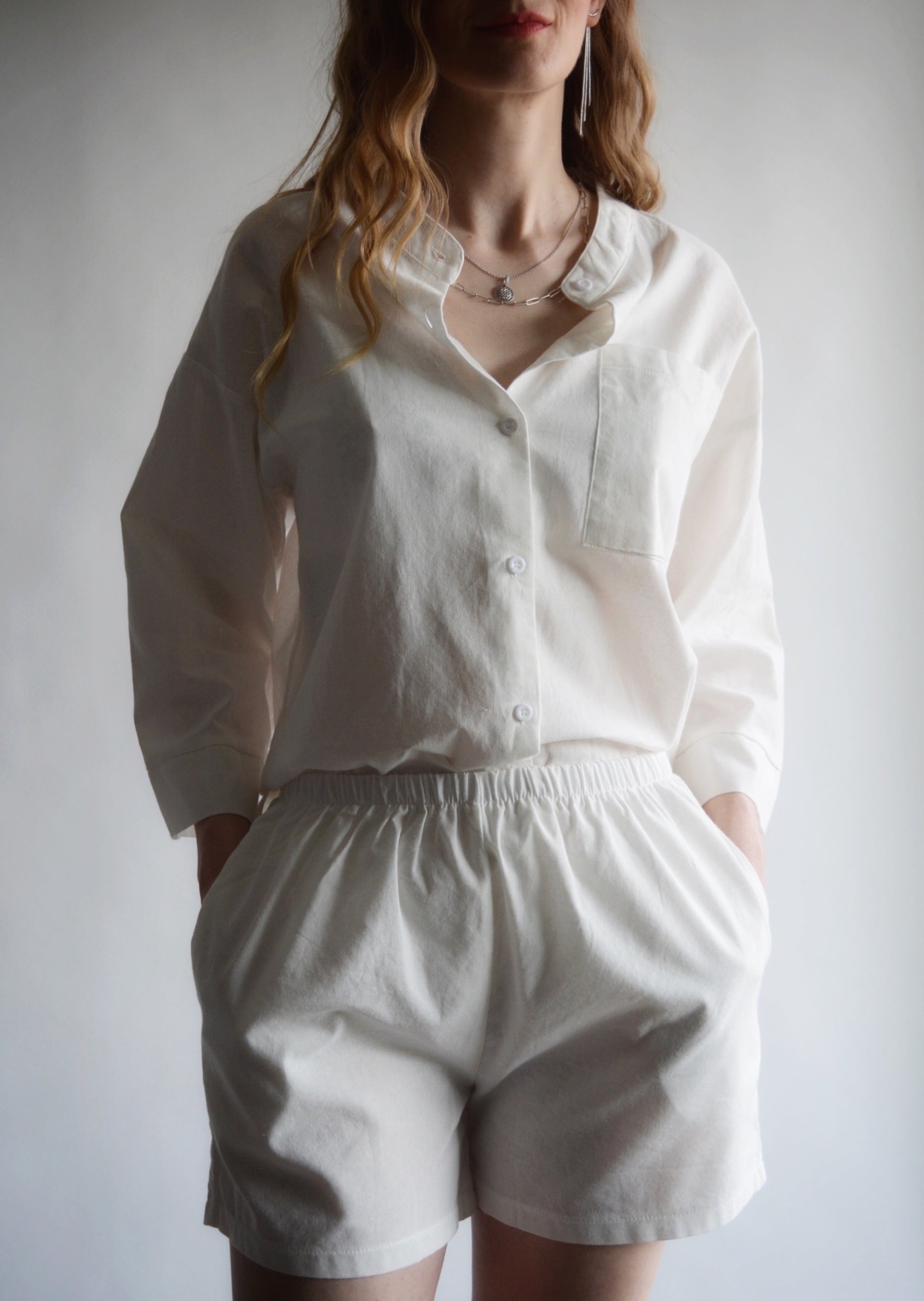 Two Piece Set - Cotton Shirt and Shorts in Porcelain (white) color
