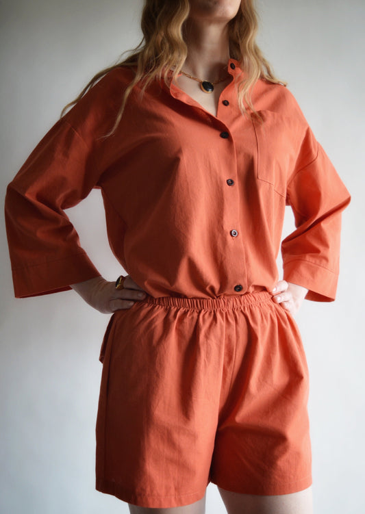 Two Piece Set - Cotton Shirt and Shorts in Cali Sunset color