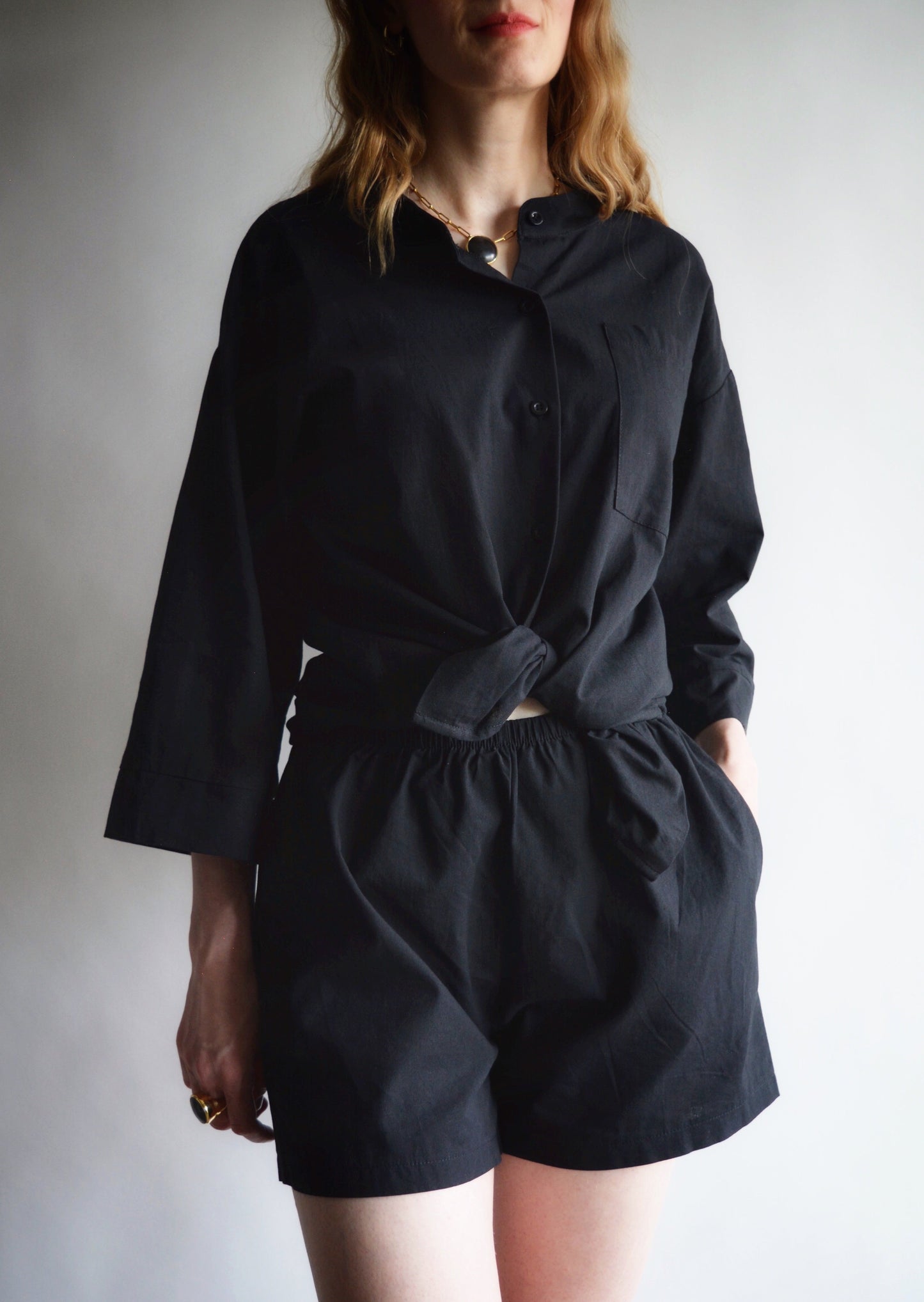 Two Piece Set - Cotton Shirt and Shorts in black color