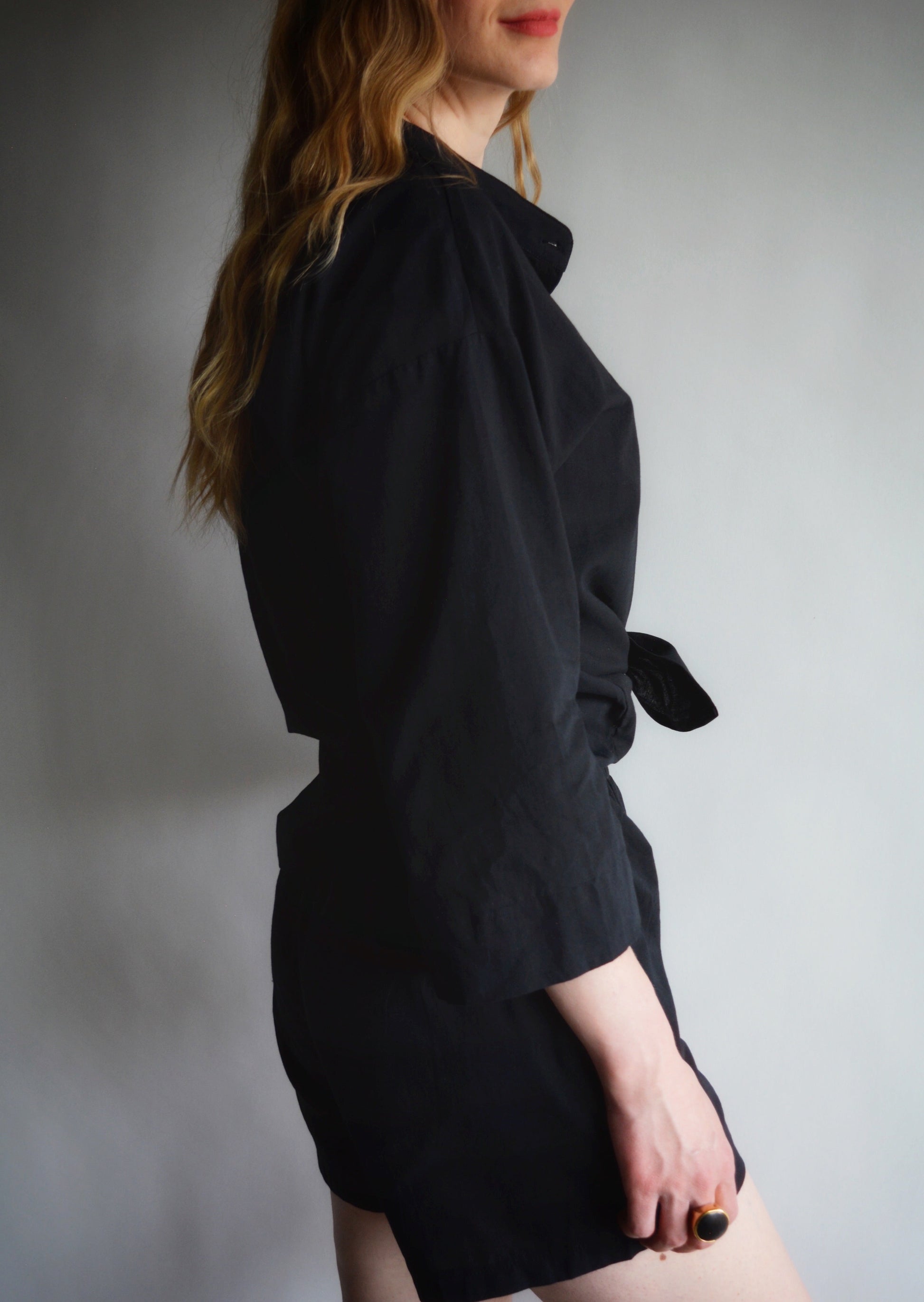 Two Piece Set - Cotton Shirt and Shorts in black color