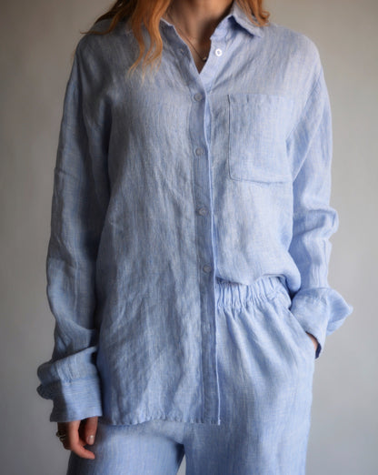 100% European Linen Sleepwear Set (pajama set) in Clear Sky color (blue and white stripes)