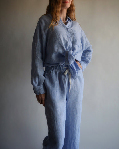 100% European Linen Sleepwear Set (pajama set) in Clear Sky color (blue and white stripes)